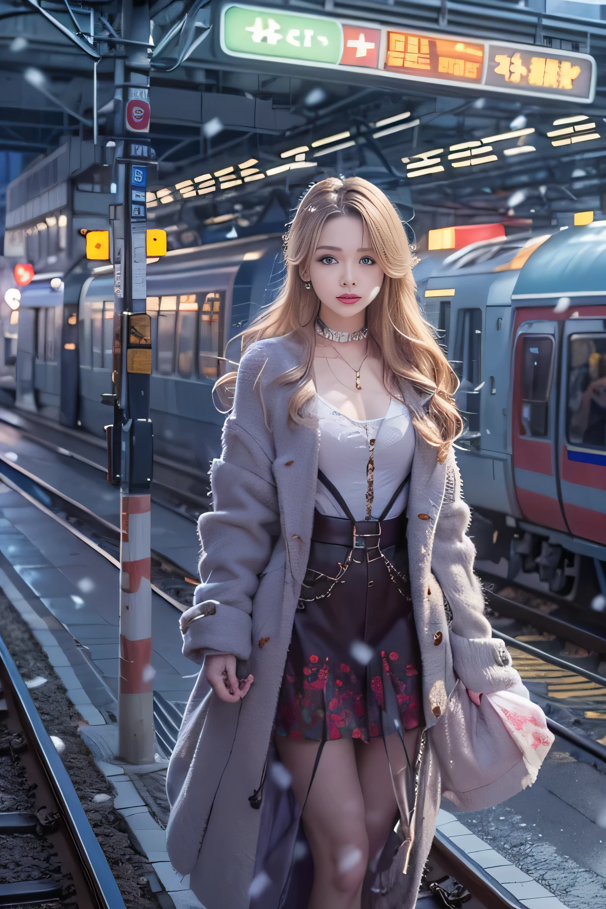 1 female、(european:2.2)、Early 20s、(super beautiful)、(super beautiful顔)、(golden middle hair)、(blue eyes)、wearing makeup、Standing on the station platform in the big city at night、The background is a stopped train、(shallow depth of field)、(that'It's snowing:1.1)、(upper body shot)