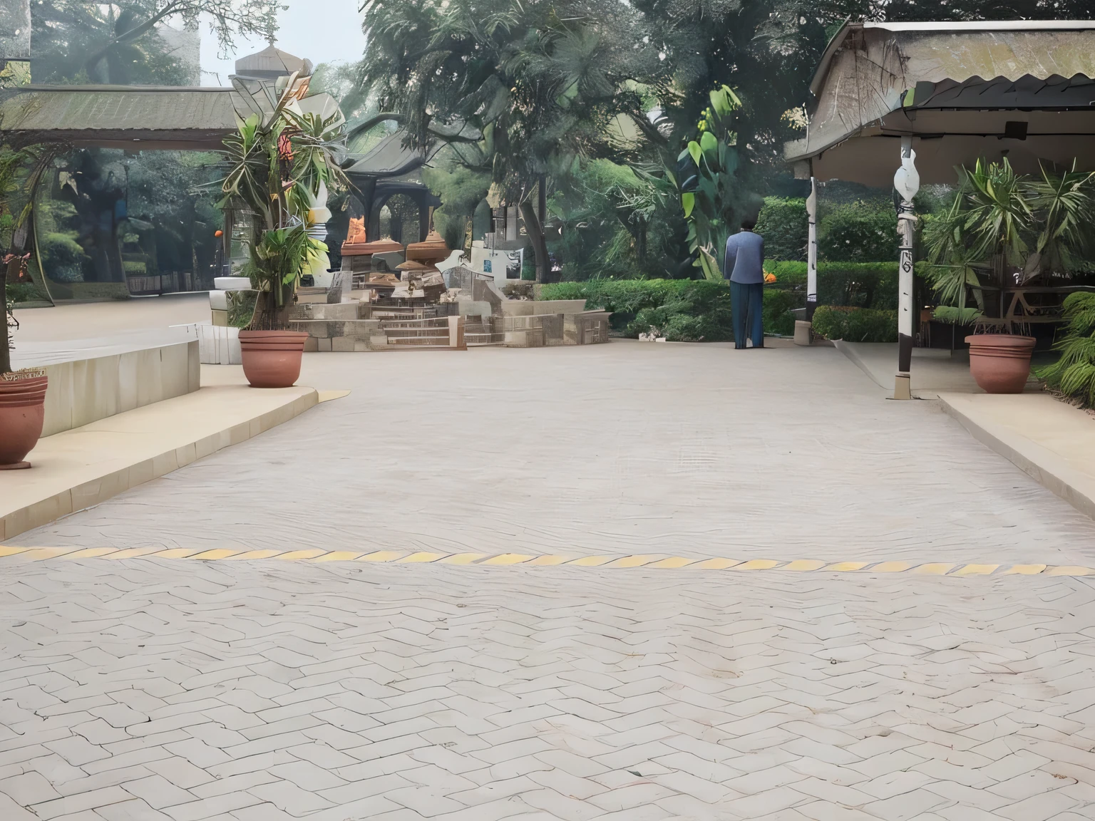 transform this image into a serene and inviting park filled with thr greenery winding pathways