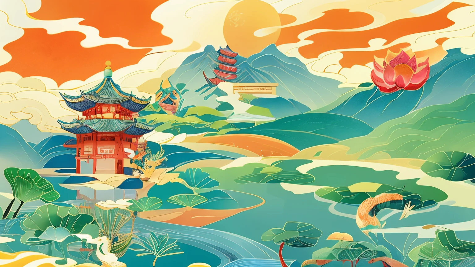 There  a painting of a tower and a lake,flying around, A beautiful artistic illustration, Chinese scenery, Chinese dreamland, Chinese hyper reality, Chinese fantasy, Shenglin style art works, britney lee, Onmyoji Detailed Art, Chinese style painting, Inspired by Victor Wei, Oriental wallpaper, Japanese style painting,Snakes and lotus leaves are combined to form a picture, National trend art, stylized lines,  Line art illustration, watercolor画, strong line art, ink artwork, Official illustration, Detailed vector illustration, color illustration, detailed digital drawing, comic book illustration，watercolor，Traditional Chinese illustration，no one showed up，There are white snakes and green snakes，Related to the legend of White Snake，west lake，Detailed，