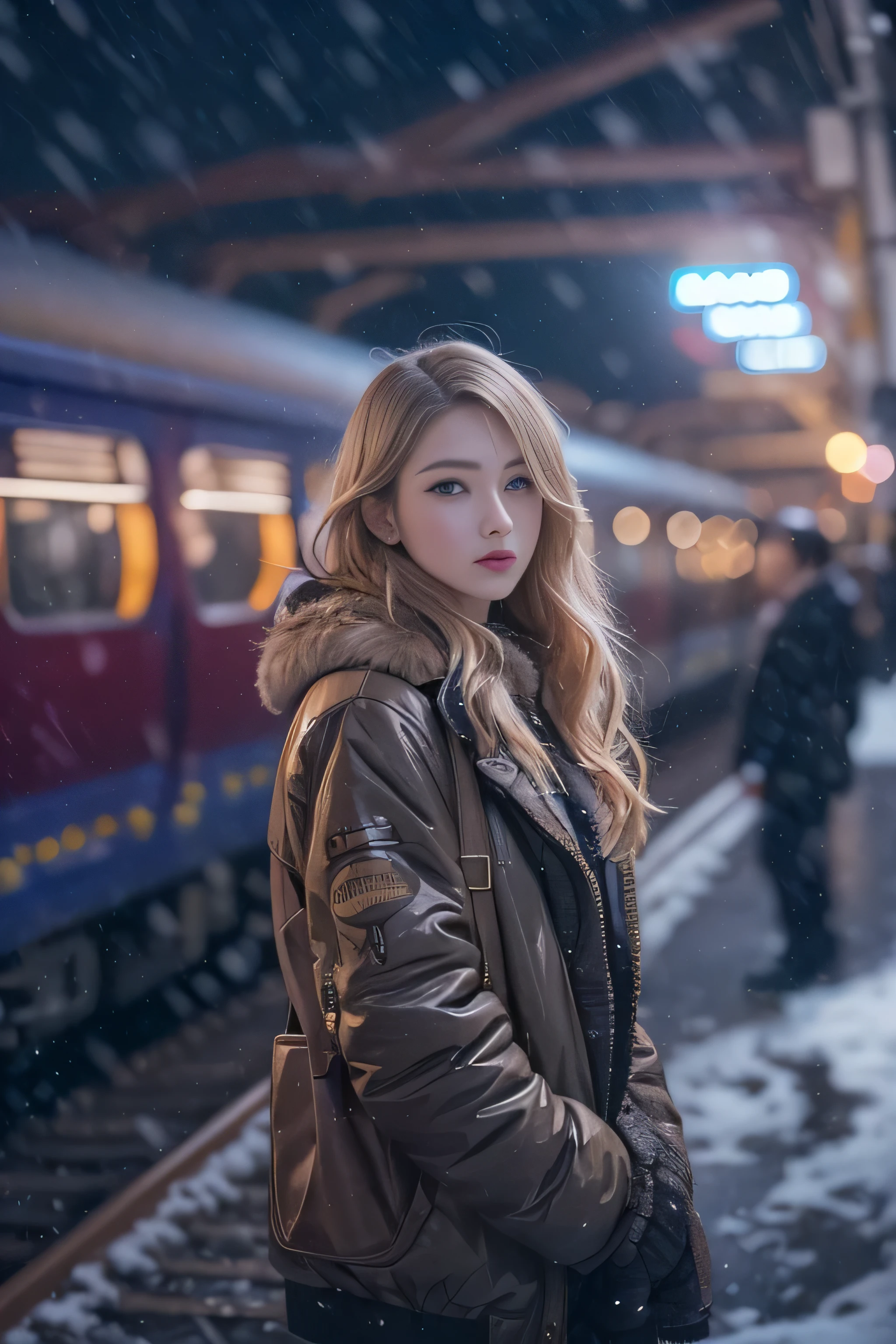 1 female、(european:2.2)、Early 20s、(super beautiful)、(super beautiful顔)、(golden middle hair)、(blue eyes)、wearing makeup、Standing on the station platform in the big city at night、The background is a stopped train、(shallow depth of field)、(that'It's snowing:1.1)、(upper body shot)