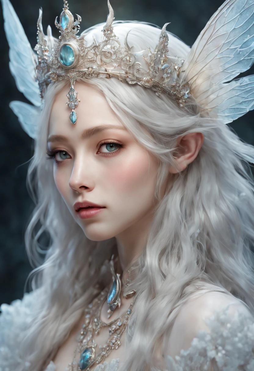 (best quality, highres, ultra-detailed, realistic:1.37), portrait, fantasy, fairy, magical, enchanting, symmetrical, ice wand, vibrant colors, ethereal, whimsical, delicate features, long eyelashes, radiant eyes, fair skin, round face, flowing white hair, crown, flawless complexion, intricate wing design