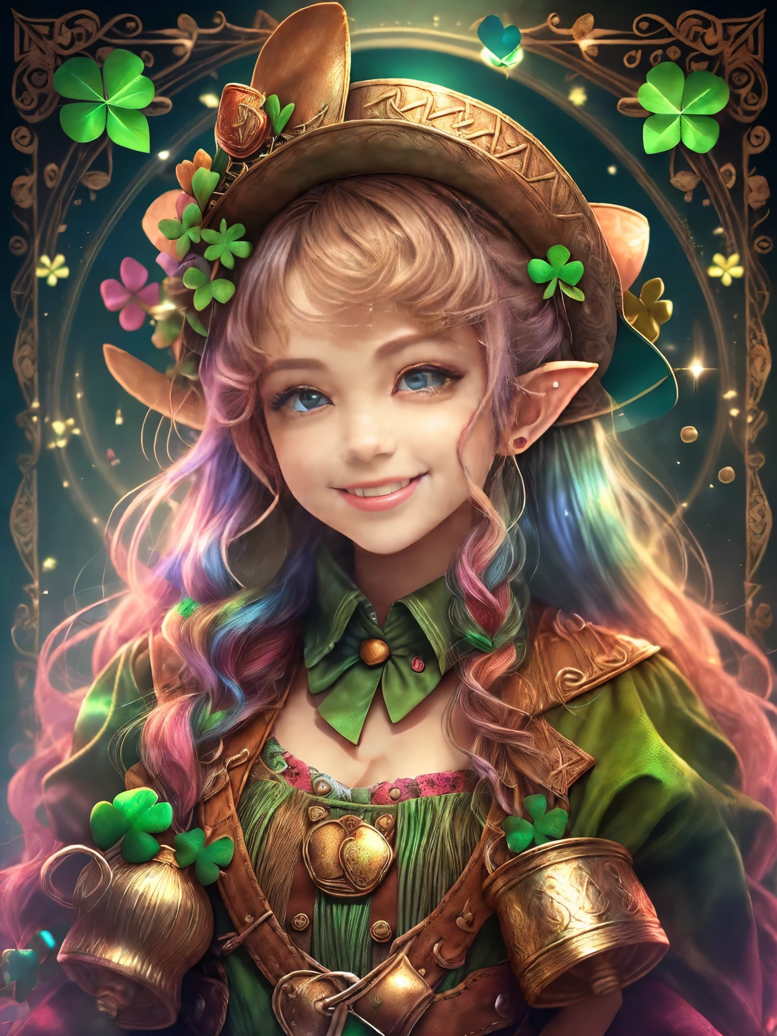 (cowboy shot:1.2), (((Cute female leprechaun smiling,Her facial features are very beautiful,Pointy ears and charming eyes,Complements flowing hair:1.6))),Rainbow and cauldron filled with clovers and coins ,geometry,portrait, art bookstore, Chibi, Yang08k, beautiful, dyeing, Obras, highest quality, best quality, official art, beautiful and Aesthetic,