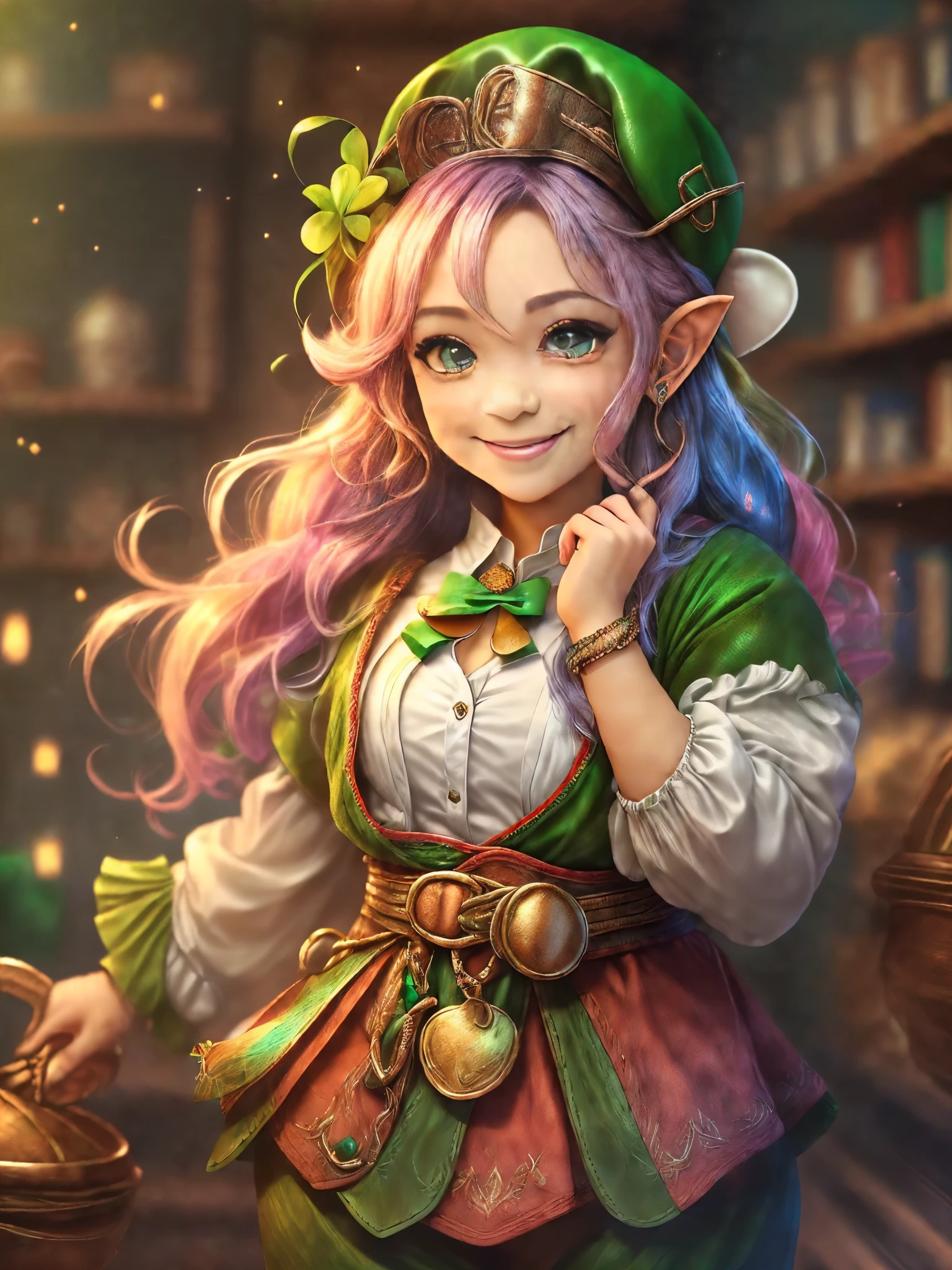 (cowboy shot:1.2), (((Cute female leprechaun smiling，Her facial features are very beautiful，Pointy ears and charming eyes，Complements flowing hair:1.6))），Rainbow and cauldron filled with clovers and coins ,geometry，portrait, art bookstore, Chibi, Yang08k, beautiful, dyeing, Obras, highest quality, best quality, official art, beautiful and Aesthetic,