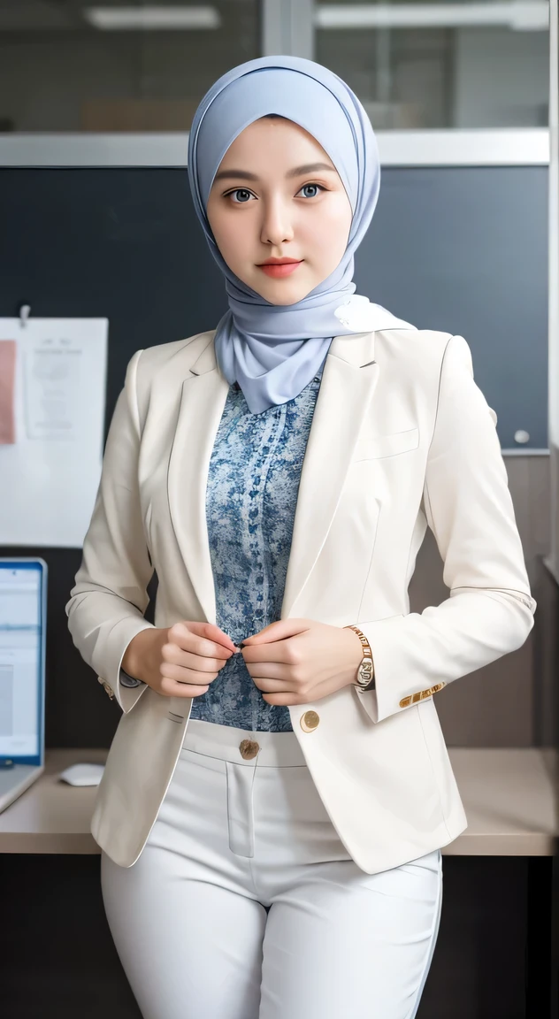 1 Girl, Beautiful, Russian , 28 Years Old, White Skin, wearing white hijab, wearing a white long blazer and white pants, beautifull pose, looking directly at the camera, minimalis and modern office background, raw photo, full body: 1.5, realistic