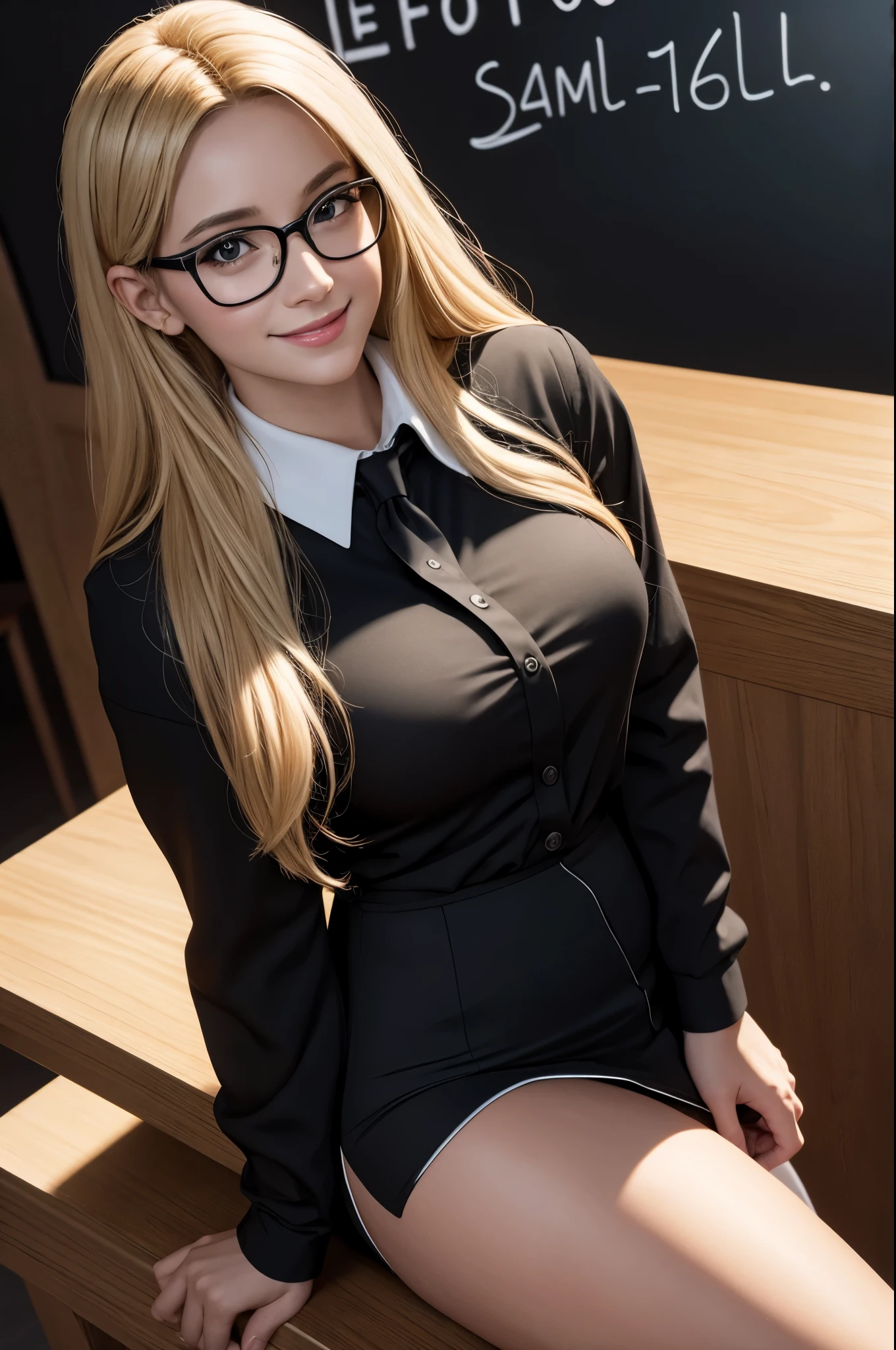 8K,,A woman wearing glasses  in front of a blackboard,Blonde American, realistic skin,School class,photorealistic hot secretary, elegant cinematic pose, realistic shaded perfect body, realistic, ultra realistic picture, [ 8K photorealism ]!!, [ 8K Digital Art ]!!, hyperrealistic office secretary,ultra high resolution,Super realistic,white blouse,black tight skirt(on lap),beautiful expression,smile,sexy,Black underwear shows through,Charm,