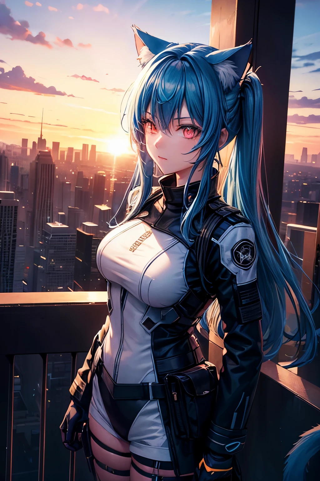Top quality, high resolution, perfect human structure, from above, glowing hair, cat ears, blue hair, near future, neon colors, colorful, sunset, standing, bangs pinned back, combat uniform, determined, glowing eyes, city,