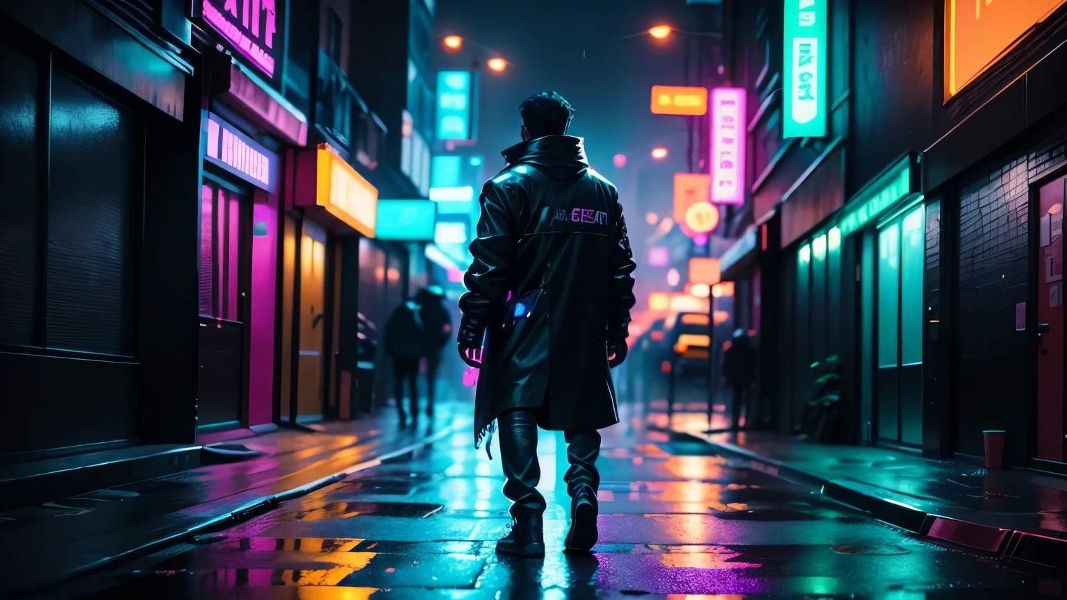 Scene of a cyberpunk detective navigating a neon-soaked alley, surrounded by holographic crime scene markers, rain-slicked pavement reflecting the vibrant glow, captured in a gritty and atmospheric noir style reminiscent of Blade Runner, utilizing a Canon EOS R5 with a 35mm f/1.4 lens to emphasize the stark contrasts and intricate details of the futuristic cityscape.