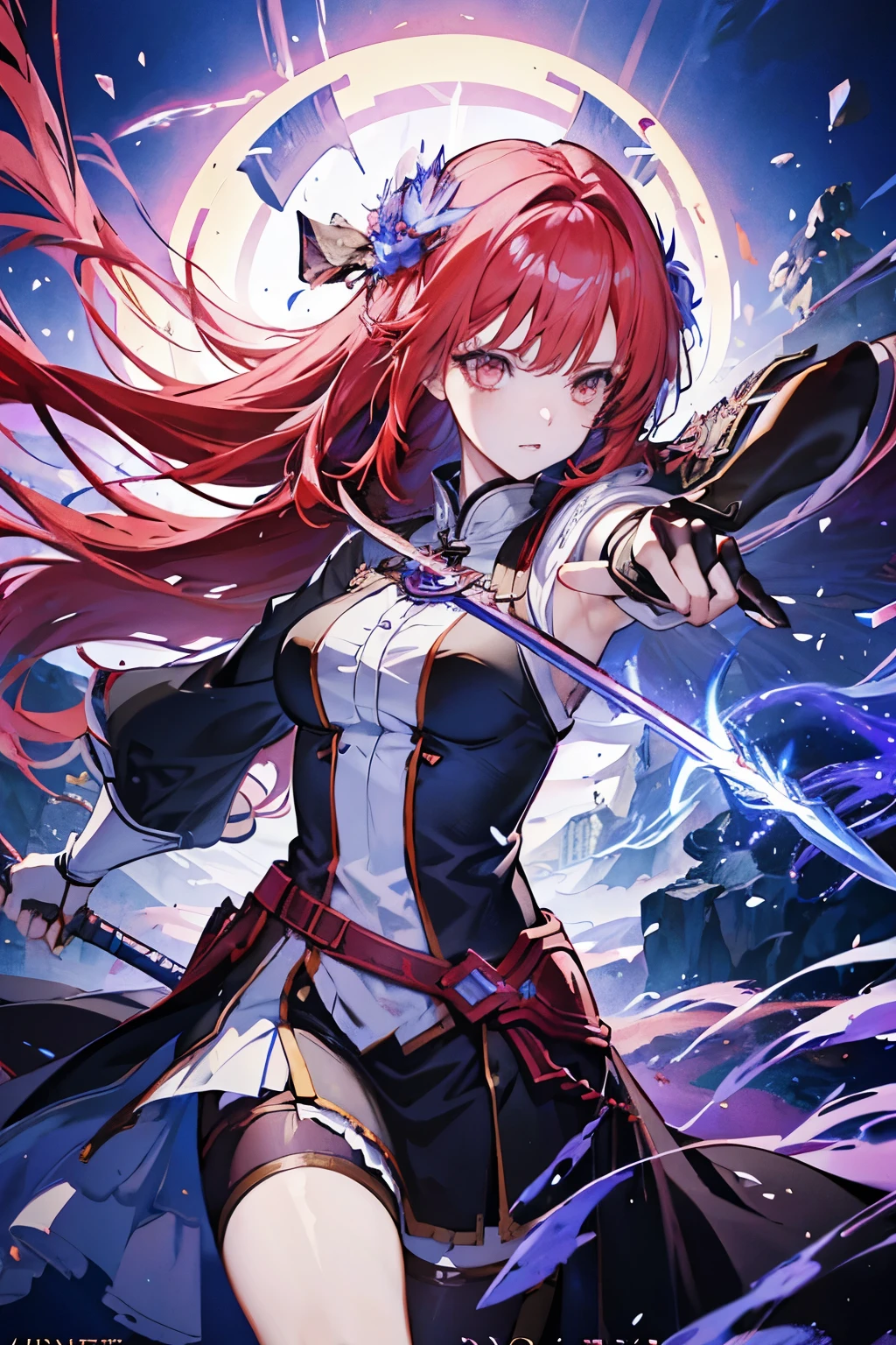 anime girl with sword in her hand launching an attack towards viewer, beautiful fantasy anime, high detailed official artwork, red haired deity, shadowverse style, anime goddess, nightcore, detailed key anime art, official artwork, masterpiece goddess of bravery, anime fantasy illustration, detailed digital anime art, epic light novel art cover, from the arknights videogame, anime fantasy artwork