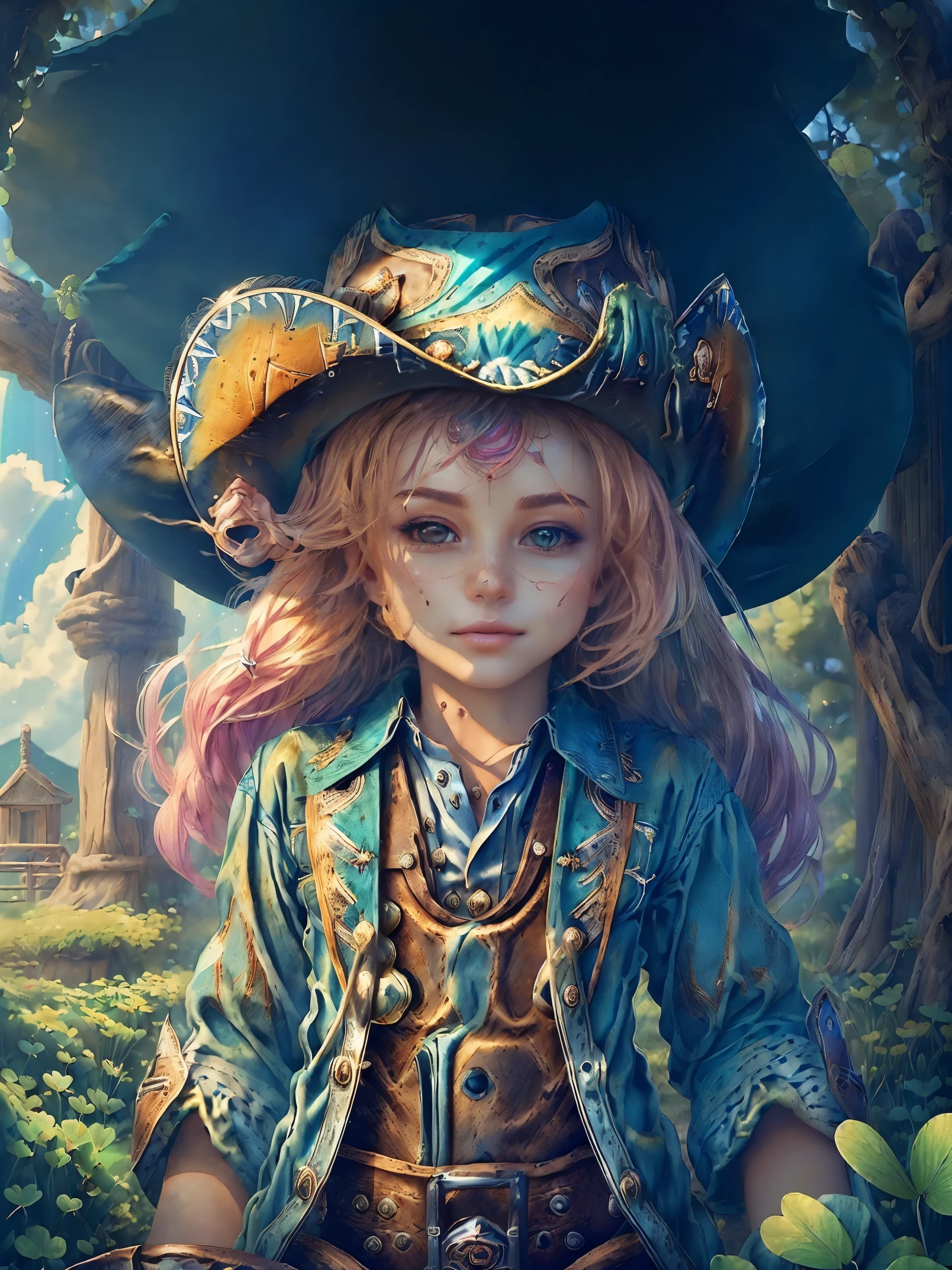 (cowboy shot:1.8), (Cute female leprechaun smiling，Her facial features are very beautiful，Pointy ears and charming eyes，Complements flowing hair），Rainbow and cauldron filled with clovers and coins ,geometry，portrait, art bookstore, Chibi,
Yang08k, beautiful, dyeing,
Obras, highest quality, best quality, official art, beautiful and Aesthetic,