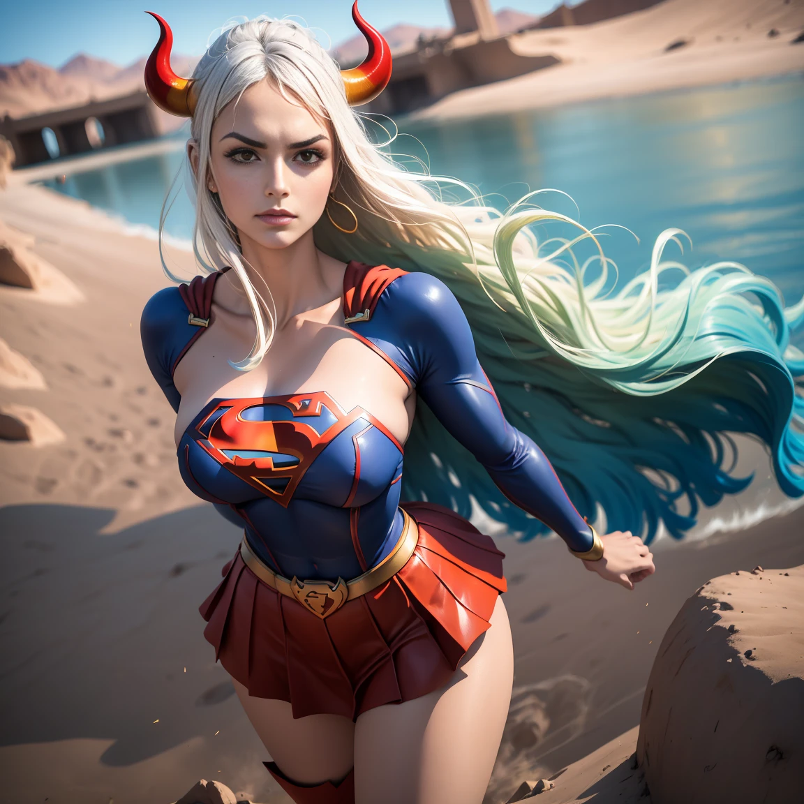 Detalhado cabelo branco longo, tamanho de arquivo enorme, 1girl, demon girl, Superhero Supergirl, terno Supergirl, capa vermelha, S do super-homem no peito, blue swimsuit, Red skirt, botas vermelhas, ultra sexy hiper sedutora, (Desert Oasis:1.1), Rosto extremamente detalhado, Foto RAW, filmic grain, master part, UHD, HDR, skin pores, maquiagem sedutora escura requintada, delineador escuro, buffalo horn with red tips ((longos cabelos brancos)), ((seios muito firmes)), (((tonificado, Impeccable, encaixe, corpo perfeito e anatomia;))), ((Olhando para o Viewer)), ((hiper sedutor)), profundidade de campo, alto, sexy , realismo, VFX, Volumetric lighting, volumetric light, volumetric, natural lighting, Detalhado e intrincado, Detalhes intrincados, quantidade absurda de detalhes, absurdos, high resolution, na cidade