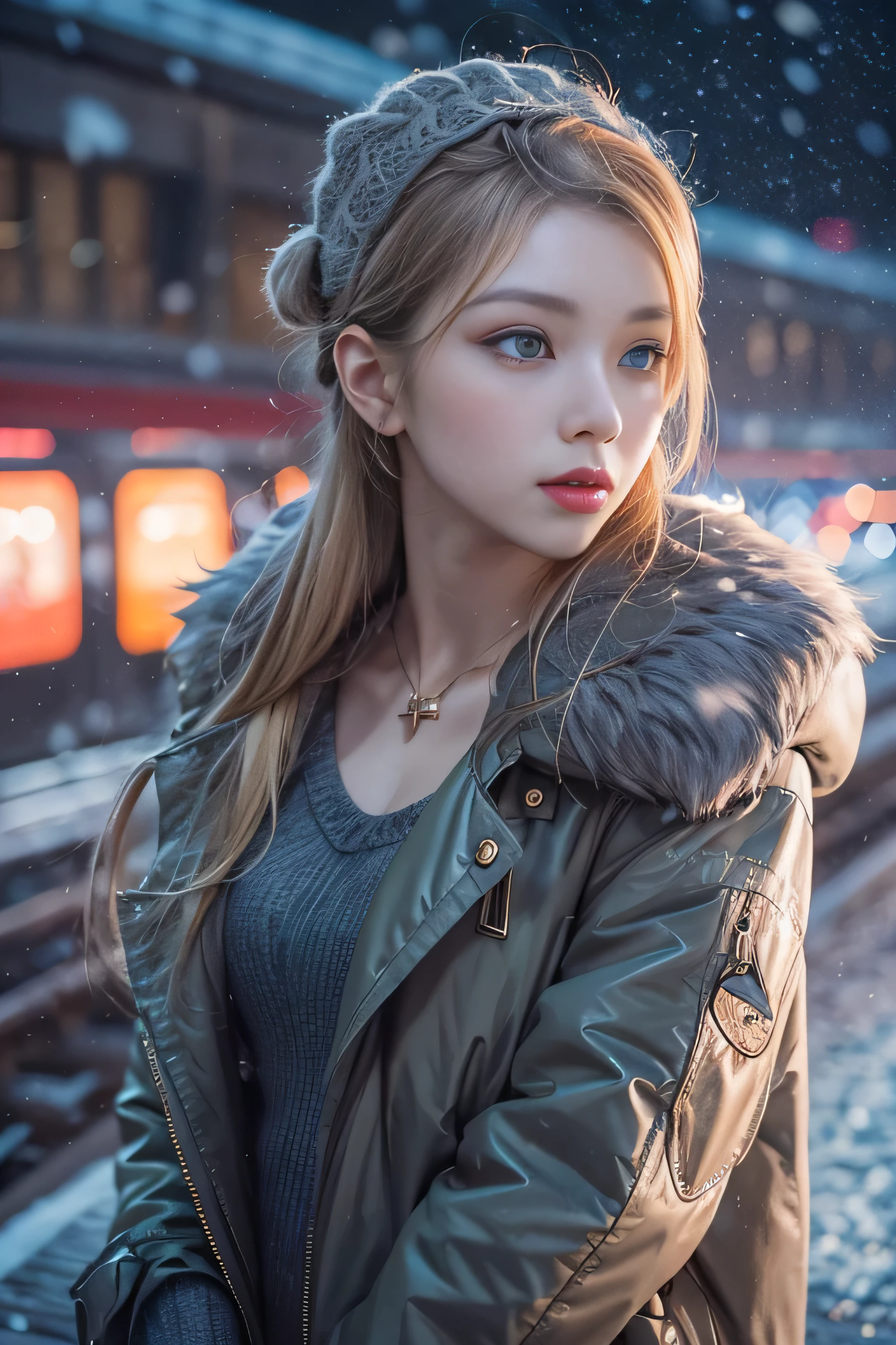 1 female、(european:2.2)、Early 20s、(super beautiful)、(super beautiful顔)、(golden middle hair)、(blue eyes)、wearing makeup、Standing on the station platform in the big city at night、The background is a stopped train、(shallow depth of field)、(that&#39;It&#39;s snowing:1.1)、(upper body shot)