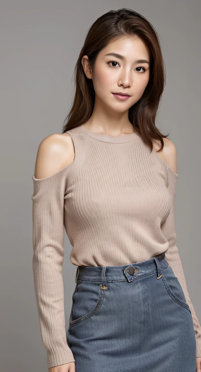 High resolution, High level image quality, high detail, masterpiece, rough skin, anatomically correct, sharp, gray background((japanese mature, 13 years old)), alone, ((facial wrinkles)), good shape big breasts, Straight light brown hair that reaches to the shoulders, Chubby body type (((stand upright, facing the center of the screen.))), Close your mouth and look straight ahead with a serious face, sweater, skirt, ((cowboy shot)),