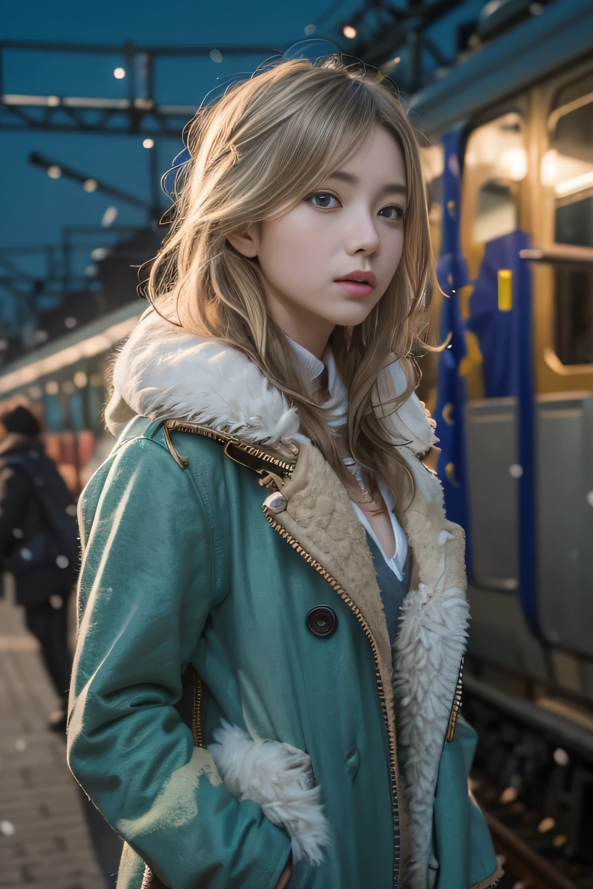 1 female、(european:2.2)、Early 20s、(super beautiful)、(super beautiful顔)、(golden middle hair)、(blue eyes)、wearing makeup、Standing on the station platform in the big city at night、The background is a stopped train、(shallow depth of field)、(that'It's snowing:1.1)、(upper body shot)