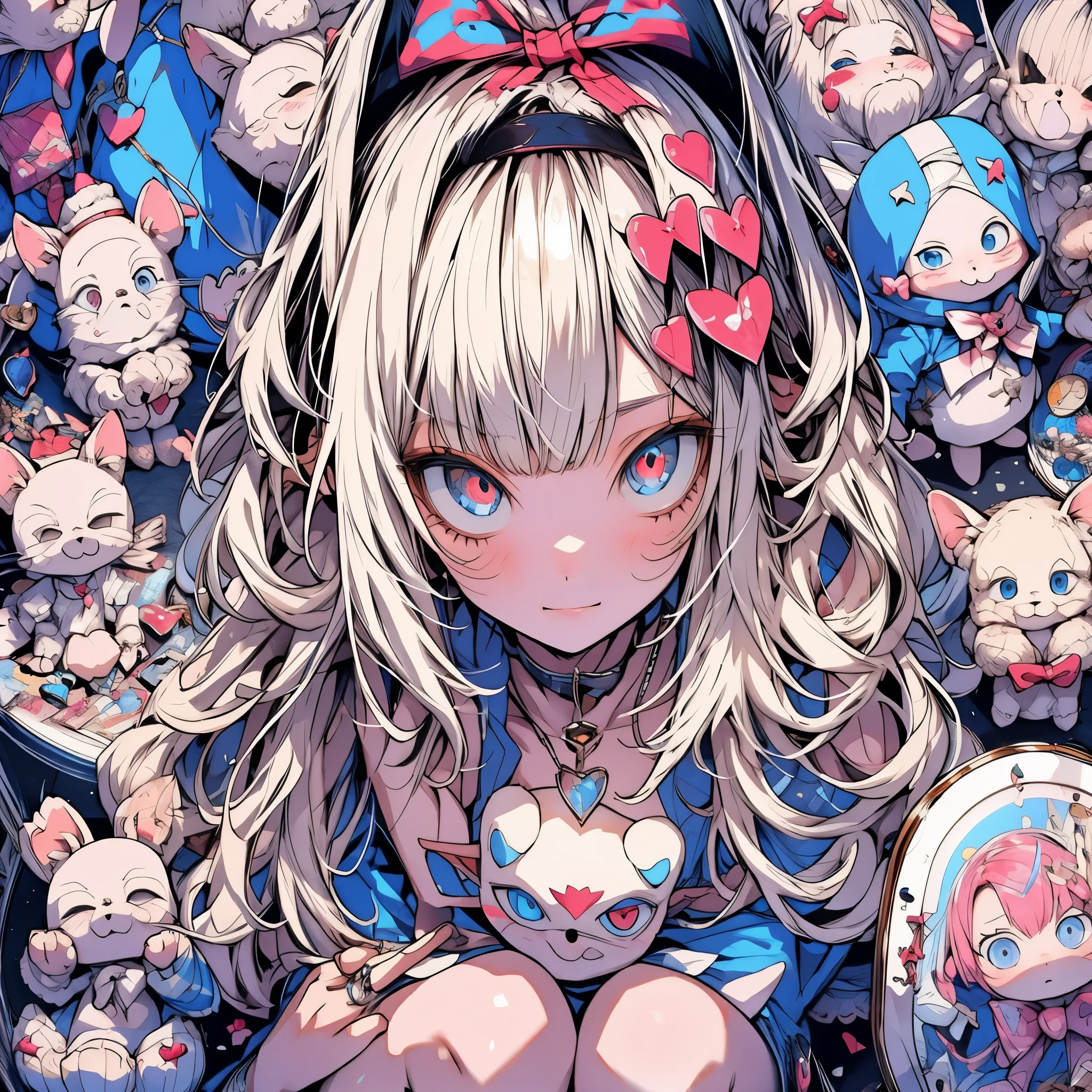 1girl,Sexy pretty girl,shiny gold platinum blonde hair, Bobcut,curly hair、Dog ears、Red sparkling eyes、detailed cute eyes,(glowing eyes:1.4),laugh heartily,((Droopy eyes)),White dress、blue sky、full of balloons、Wink、smile、