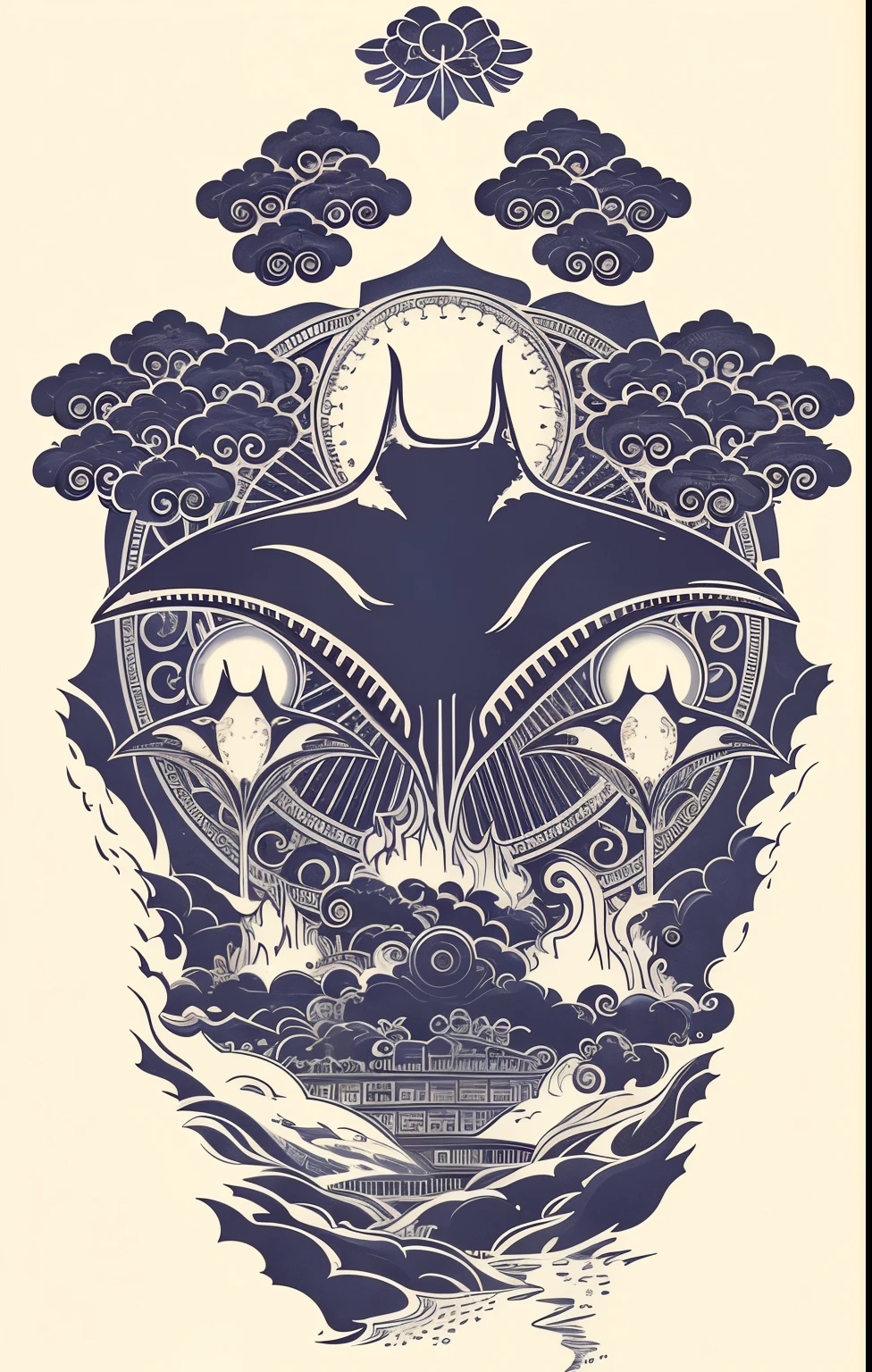 a whale with a sun and clouds in the background, style of hydro74, vectorial art, bold intricate ink illustration, victo ngai style, highly detailed vector art, inspired by Victo Ngai, elaborate ink illustration, inspired by Kanō Hōgai, detailed vectorart, style of kilian eng, intricate ink illustration, manta ray