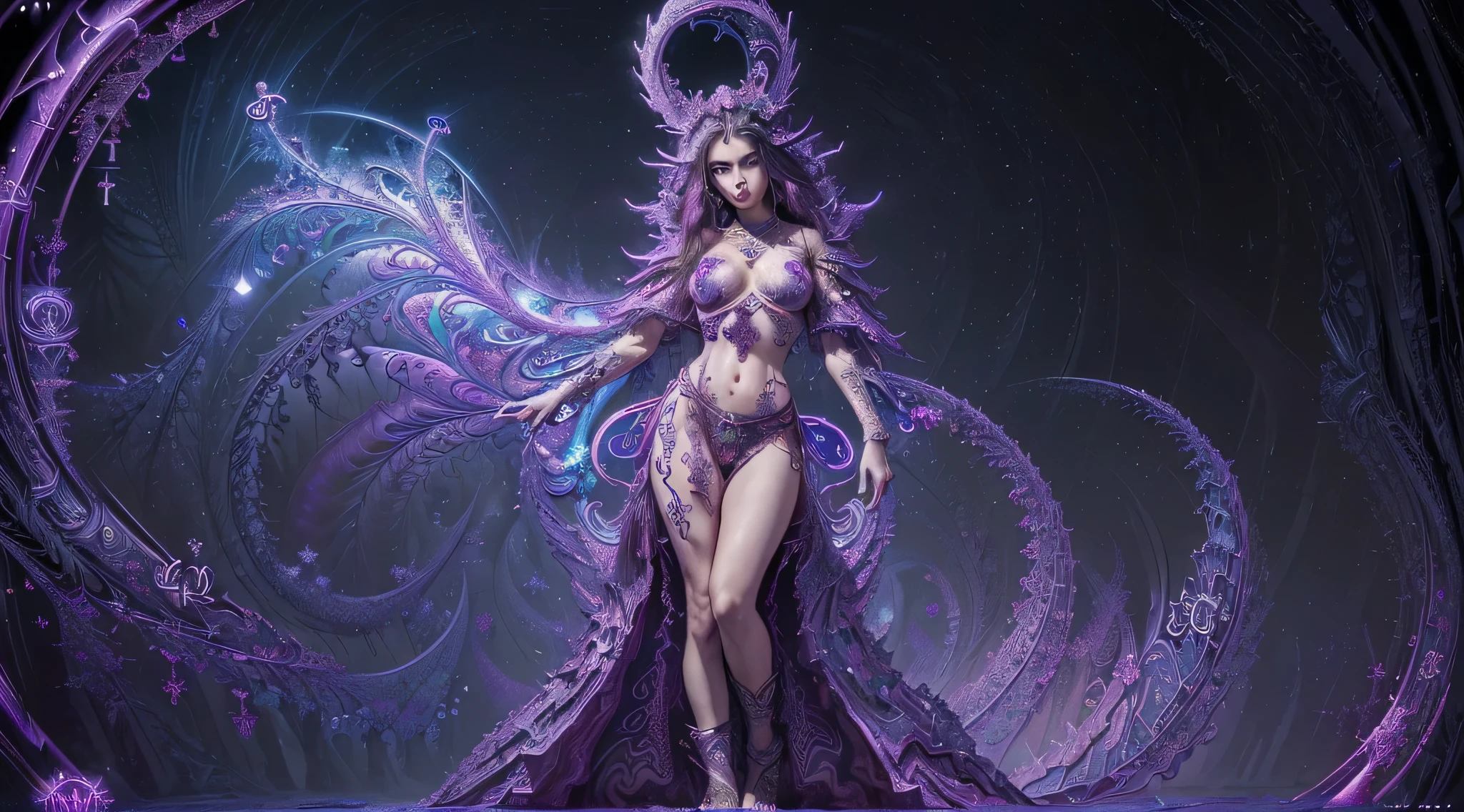 (((masterpiece, top quality, best quality, official art, beautiful and aesthetic:1.2))), extreme detailed,((Background(fractal art mysterious symbols:1.3)), colorful, highest detailed darker pink to purple color palette masterpiece, (best quality:1.2), [:intricate details:0.2], 1girl, large breasts, Sorceress, (nighttime sky), shimmering aura, intense focus, crackling energy, mysterious symbols, sparkling motes, ((full moon))