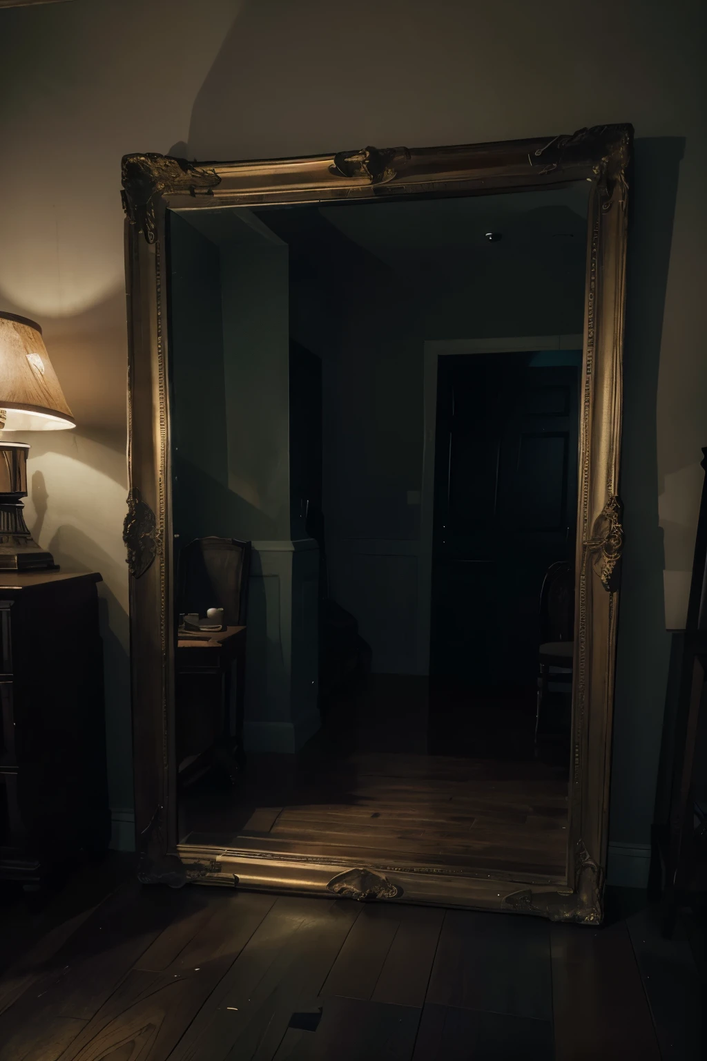 (best quality,4k,8k,highres,masterpiece:1.2),ultra-detailed,(realistic,photorealistic,photo-realistic:1.37),ghost spirits reflection in a old antique mirror,,dark ambient,creepy room,eerie atmosphere,mysterious shadows,haunting presence,aged wood furniture,dusty air,dimly lit,curtain-covered windows,cracked walls,cobwebs,dismal interior,vintage decor,ornate frame,smudged glass,vignette effect,nostalgic vibes,spooky aura,haunted mansion,whispering sounds,distant footsteps,paranormal activity,uncanny silence,misty atmosphere,ominous energy,translucent figure,out-of-focus details,surreal elements,hauntingly beautiful,uncertain boundaries,unseen presence,ancestral memories,color palette of deep purples and blues,dramatic lighting
