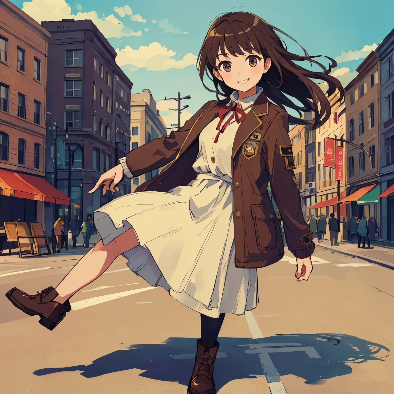 ((highest quality)), ((masterpiece)), (be familiar with), perfect face,girl,Jacket,full body image,brown hair,cute,smile,The background is the city