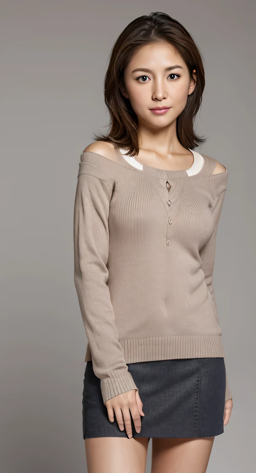 High resolution, High level image quality, high detail, masterpiece, rough skin, anatomically correct, sharp, gray background((japanese mature, )), alone, good shape big breasts, Straight light brown hair that reaches to the shoulders, Chubby body type (((stand upright, facing the center of the screen.))), Close your mouth and look straight ahead with a serious face, sweater, skirt, ((cowboy shot)),