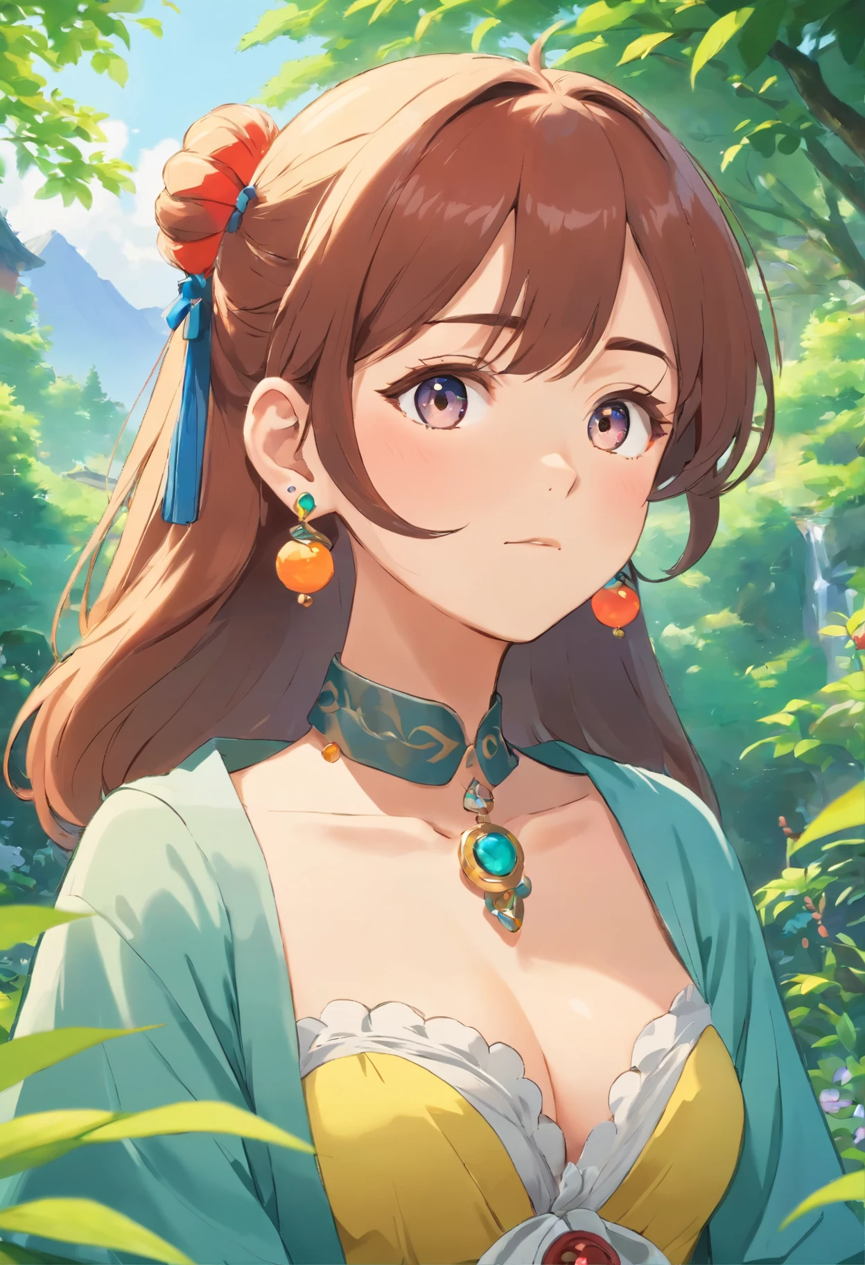a girl wearing an anime collar, a long necklace and earrings, in the style of tranquil gardenscapes, colorful animation stills, ganyu (genshin impact), big boobs, hold her breast, 8k, masterpiece, great illustration 