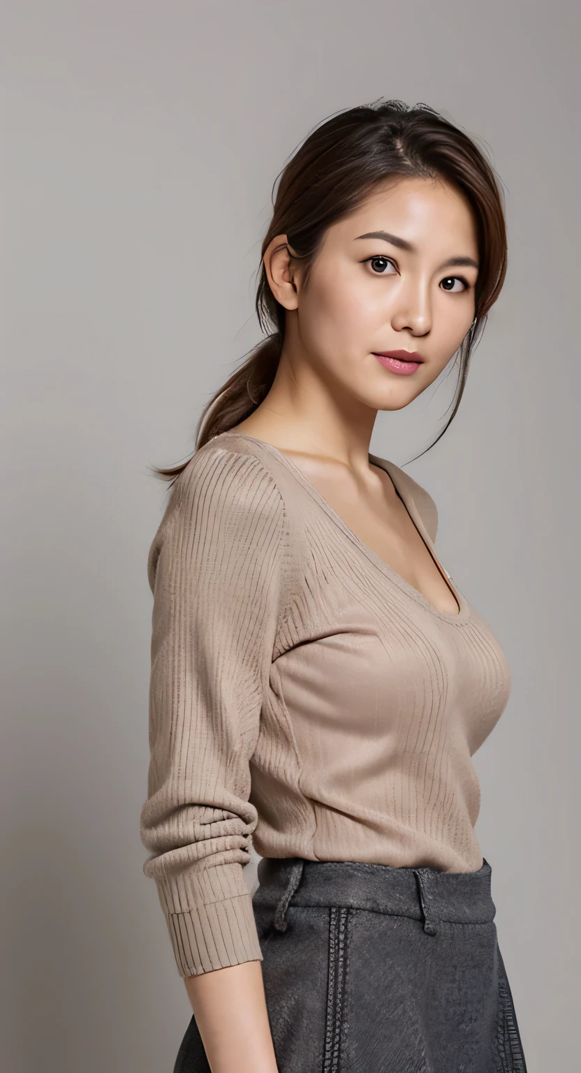 High resolution, High level image quality, high detail, masterpiece, rough skin, anatomically correct, sharp, gray background((japanese mature, )), alone, good shape big breasts, Straight light brown hair that reaches to the shoulders, Chubby body type (((stand upright, facing the center of the screen.))), Close your mouth and look straight ahead with a serious face, sweater, skirt, ((cowboy shot)),
