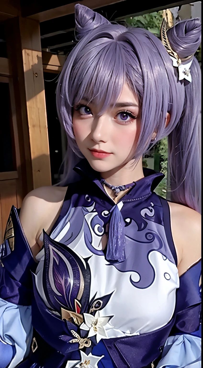 masterpiece, best quality, detail, depth of field, surreal, realistic face and Eye, Realistic skin texture, Cinema lighting, Eye, go meet your audience. 1 girl, solo, (frown, Keep your mouth shut), Keqing_\(Genshin_medium wind\), purple_Eye, purple hair, double ponytail, sharp Eye, serious face, Gloves, black, external, Purple lightning, Filleg, Lightning glowing sword, Purple lightning, Upper body, Cute makeup, beautiful face, European appearance