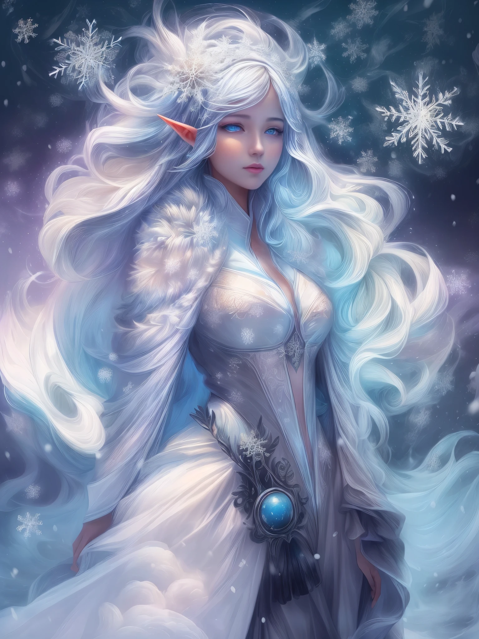 （Female elf stands in front of white snow whirlpool: 1.5），((Her facial features are very beautiful，Pointy ears and charming eyes，Complements flowing hair。The costume she wears combines traditional elf clothing with futuristic technological mechanical elements.:1.ure white snowflakes， Snowy surroundingpectations， depth of field， insight， I got it， Monte， Snow cover, translucent cloud， spectrum， panoramic， snow cycle， crazy， portal， big deal， white light， global snowflake，The sky  full of beautiful snowflakes))，充满活力的white light颜色，thick line，Turbulent snowflakes with multiple layers，prospect、Vision、Fractal ThunderDan Mumford，danford and alex gray style，psychedelic surreal art，Surreal psychedelic design，dream art style， trippy art，Infinite white snow psychedelic wave，inspired by Cyril Rolando (Cyril Rolando)，Realistic snow ripple structure，Psychedelic snow art style，trippy art，Psychedelic illustration，(alone)，(RGB color，Ultra-high saturation)