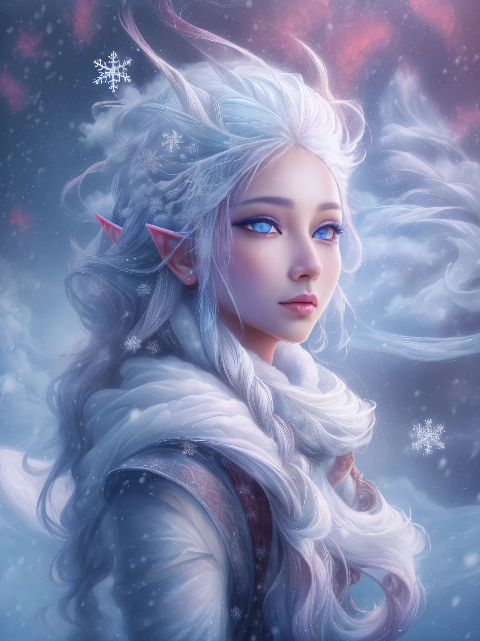 （Female elf stands in front of white snow whirlpool: 1.5），((Her facial features are very beautiful，Pointy ears and charming eyes，Complements flowing hair。The costume she wears combines traditional elf clothing with futuristic technological mechanical elements.:1.ure white snowflakes， Snowy surroundingpectations， depth of field， insight， I got it， Monte， Snow cover, translucent cloud， spectrum， panoramic， snow cycle， crazy， portal， big deal， white light， global snowflake，The sky  full of beautiful snowflakes))，充满活力的white light颜色，thick line，Turbulent snowflakes with multiple layers，prospect、Vision、Fractal ThunderDan Mumford，danford and alex gray style，psychedelic surreal art，Surreal psychedelic design，dream art style， trippy art，Infinite white snow psychedelic wave，inspired by Cyril Rolando (Cyril Rolando)，Realistic snow ripple structure，Psychedelic snow art style，trippy art，Psychedelic illustration，(alone)，(RGB color，Ultra-high saturation)