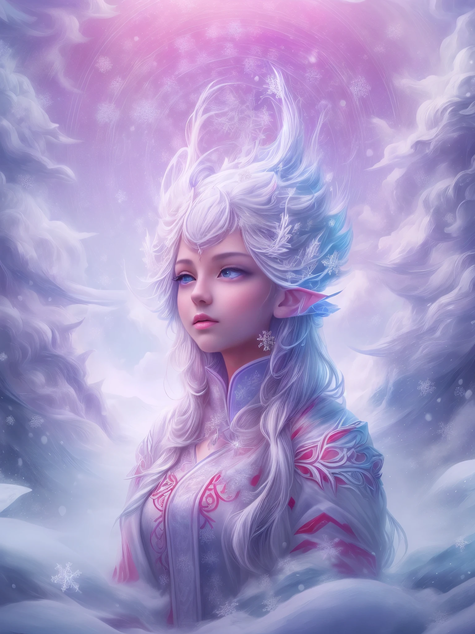 （Female elf stands in front of white snow whirlpool: 1.5），((Her facial features are very beautiful，Pointy ears and charming eyes，Complements flowing hair。The costume she wears combines traditional elf clothing with futuristic technological mechanical elements.:1.ure white snowflakes， Snowy surroundingpectations， depth of field， insight， I got it， Monte， Snow cover, translucent cloud， spectrum， panoramic， snow cycle， crazy， portal， big deal， white light， global snowflake，The sky  full of beautiful snowflakes))，充满活力的white light颜色，thick line，Turbulent snowflakes with multiple layers，prospect、Vision、Fractal ThunderDan Mumford，danford and alex gray style，psychedelic surreal art，Surreal psychedelic design，dream art style， trippy art，Infinite white snow psychedelic wave，inspired by Cyril Rolando (Cyril Rolando)，Realistic snow ripple structure，Psychedelic snow art style，trippy art，Psychedelic illustration，(alone)，(RGB color，Ultra-high saturation)