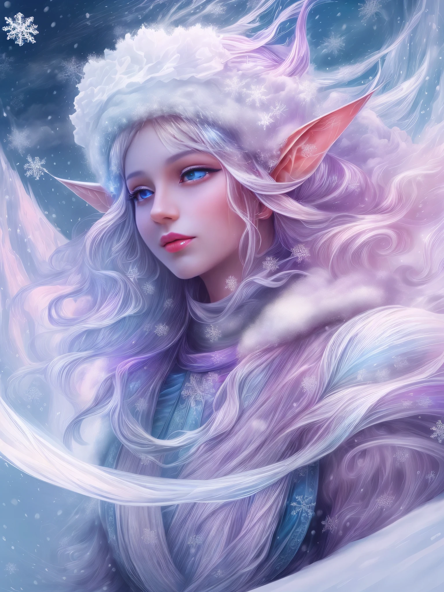 （Female elf stands in front of white snow whirlpool: 1.5），((Her facial features are very beautiful，Pointy ears and charming eyes，Complements flowing hair。The costume she wears combines traditional elf clothing with futuristic technological mechanical elements.:1.ure white snowflakes， Snowy surroundingpectations， depth of field， insight， I got it， Monte， Snow cover, translucent cloud， spectrum， panoramic， snow cycle， crazy， portal， big deal， white light， global snowflake，The sky  full of beautiful snowflakes))，充满活力的white light颜色，thick line，Turbulent snowflakes with multiple layers，prospect、Vision、Fractal ThunderDan Mumford，danford and alex gray style，psychedelic surreal art，Surreal psychedelic design，dream art style， trippy art，Infinite white snow psychedelic wave，inspired by Cyril Rolando (Cyril Rolando)，Realistic snow ripple structure，Psychedelic snow art style，trippy art，Psychedelic illustration，(alone)，(RGB color，Ultra-high saturation)