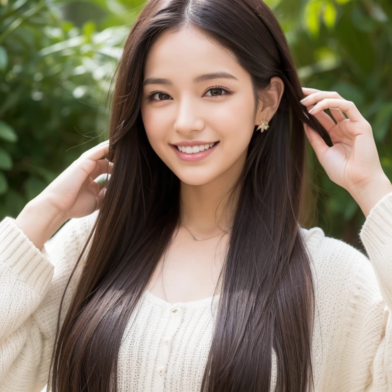 25-year-old girl, cabello largo con dos trenzas, sonriente, hermosa, hombros descubiertos. 