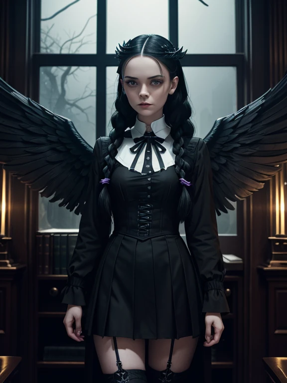 1 woman, Wednesday Addams as an angel of death, masterpiece, highly detailed, 8k resolution, full body, exquisite facial features, beautiful woman, 25 year old woman, pale skin, solo, bemused, black hair, long twin braids, glowing halo, school uniform, gothic, boots, (large black feathered wings on her upper back), standing, welcoming outstretched hand toward viewer, looking at viewer, facing forward, Kubrick stare, night, indoor, mansion, library, thunderstorm, window, clear individual streaks of lightning, goth, dreamlike, album cover, Cinematic Lighting, moody lighting