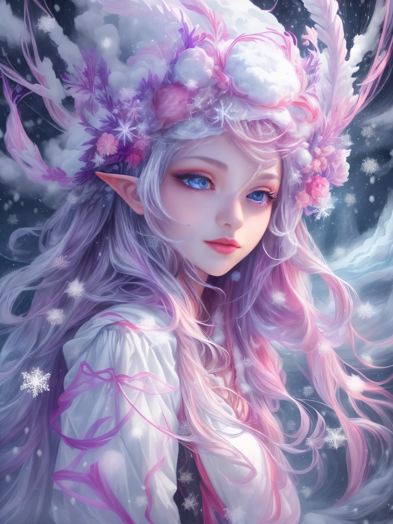 （Female elf stands in front of white snow whirlpool: 1.5），((Her facial features are very beautiful，Pointy ears and charming eyes，Complements flowing hair。The costume she wears combines traditional elf clothing with futuristic technological mechanical elements.:1.ure white snowflakes， Snowy surroundingpectations， depth of field， insight， I got it， Monte， Snow cover, translucent cloud， spectrum， panoramic， snow cycle， crazy， portal， big deal， white light， global snowflake，The sky  full of beautiful snowflakes))，充满活力的white light颜色，thick line，Turbulent snowflakes with multiple layers，prospect、Vision、Fractal ThunderDan Mumford，danford and alex gray style，psychedelic surreal art，Surreal psychedelic design，dream art style， trippy art，Infinite white snow psychedelic wave，inspired by Cyril Rolando (Cyril Rolando)，Realistic snow ripple structure，Psychedelic snow art style，trippy art，Psychedelic illustration，(alone)，(RGB color，Ultra-high saturation)，(Eyes looking directly at the audience:1.5)