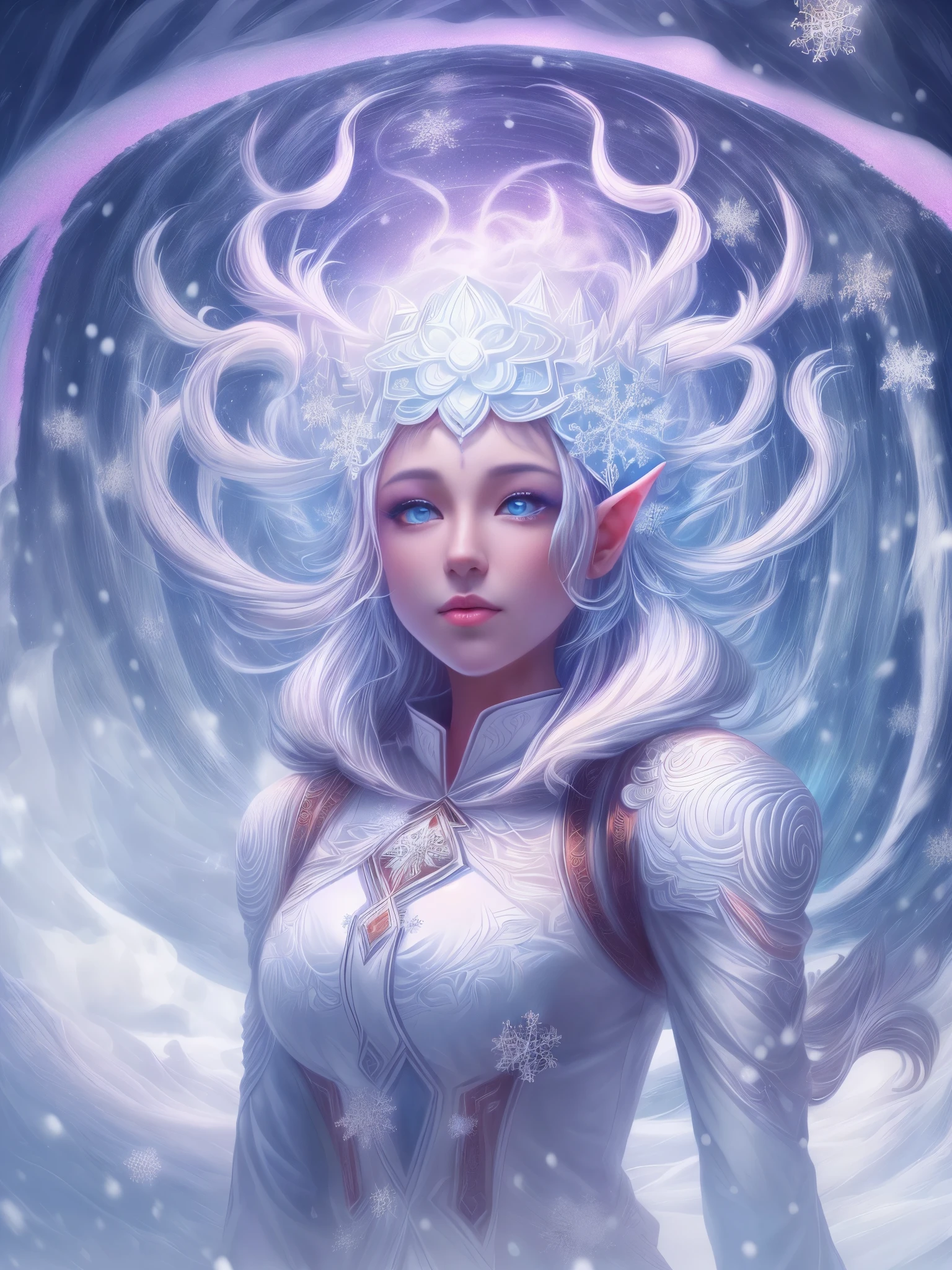 (Female elf stands in front of white snow whirlpool: 1.5),((Her facial features are very beautiful,Pointy ears and charming eyes,Complements flowing hair。The costume she wears combines traditional elf clothing with futuristic technological mechanical elements.:1.ure white snowflakes, Snowy surroundingpectations, depth of field, insight, I got it, Monte, Snow cover, translucent cloud, spectrum, panoramic, snow cycle, crazy, portal, big deal, white light, global snowflake,The sky full of beautiful snowflakes)),充满活力的white light颜色,thick line,Turbulent snowflakes with multiple layers,prospect、Vision、Fractal ThunderDan Mumford,danford and alex gray style,psychedelic surreal art,Surreal psychedelic design,dream art style, trippy art,Infinite white snow psychedelic wave,inspired by Cyril Rolando (Cyril Rolando),Realistic snow ripple structure,Psychedelic snow art style,trippy art,Psychedelic illustration,(alone),(RGB color,Ultra-high saturation),(Eyes looking directly at the audience:1.5)