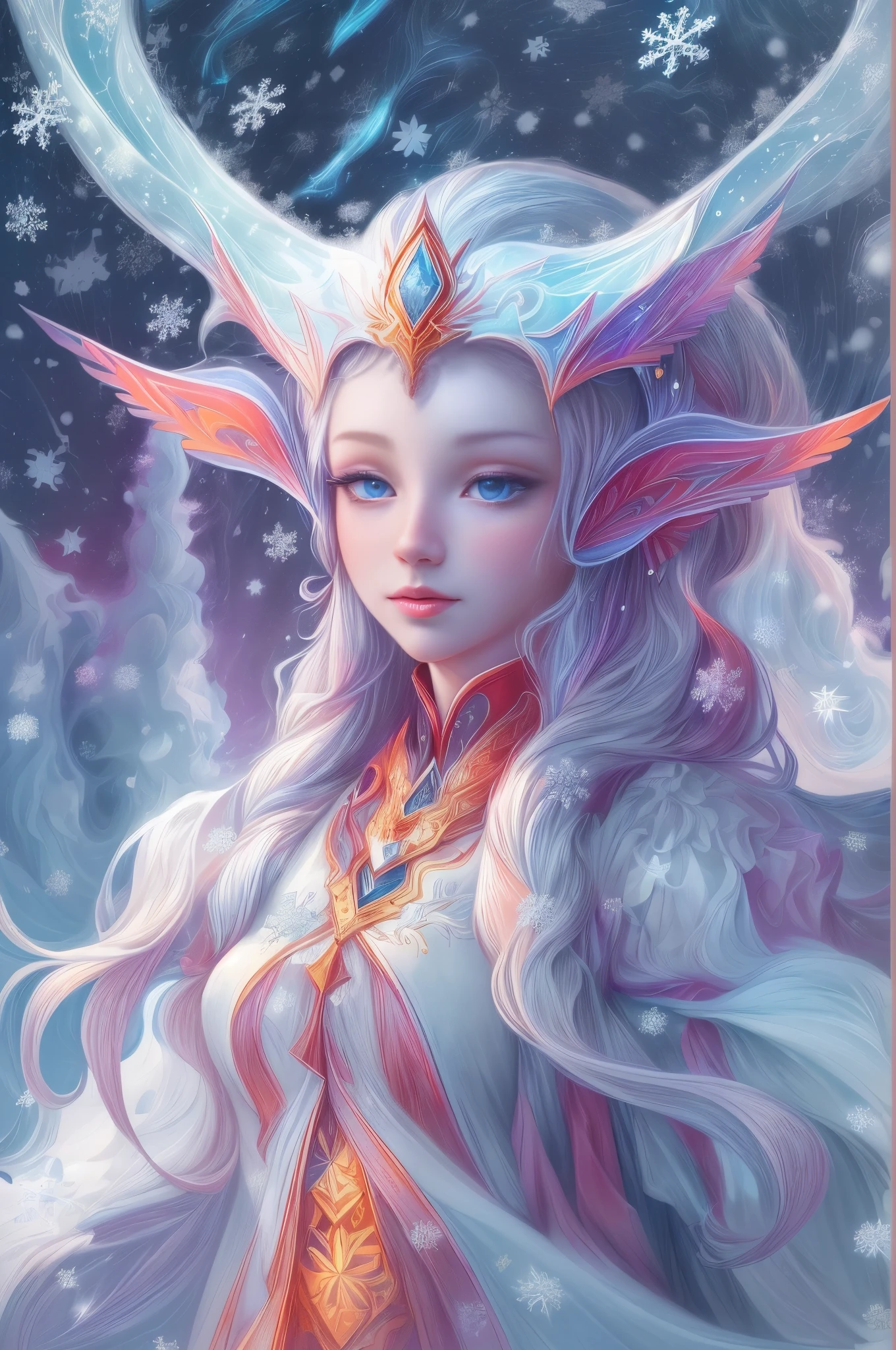 (Female elf stands in front of white snow whirlpool: 1.5),((Her facial features are very beautiful,Pointy ears and charming eyes,Complements flowing hair。The costume she wears combines traditional elf clothing with futuristic technological mechanical elements.:1.ure white snowflakes, Snowy surroundingpectations, depth of field, insight, I got it, Monte, Snow cover, translucent cloud, spectrum, panoramic, snow cycle, crazy, portal, big deal, white light, global snowflake,The sky full of beautiful snowflakes)),充满活力的white light颜色,thick line,Turbulent snowflakes with multiple layers,prospect、Vision、Fractal ThunderDan Mumford,danford and alex gray style,psychedelic surreal art,Surreal psychedelic design,dream art style, trippy art,Infinite white snow psychedelic wave,inspired by Cyril Rolando (Cyril Rolando),Realistic snow ripple structure,Psychedelic snow art style,trippy art,Psychedelic illustration,(alone),(RGB color,Ultra-high saturation)