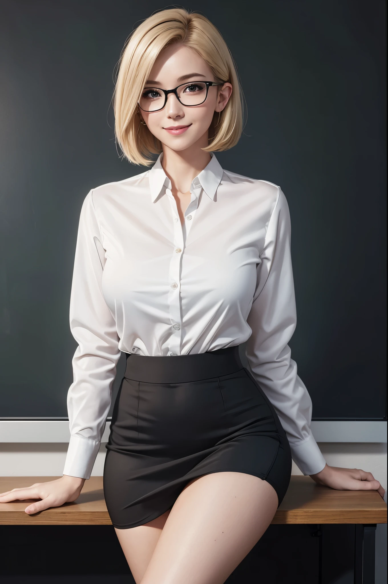 8K,,A woman wearing glasses  in front of a blackboard,American with short blonde bob hair, realistic skin,School class,photorealistic hot secretary, elegant cinematic pose, realistic shaded perfect body, realistic, ultra realistic picture, [ 8K photorealism ]!!, [ 8K Digital Art ]!!, hyperrealistic office secretary,ultra high resolution,Super realistic,white blouse,black tight skirt(on lap),beautiful expression,smile,sexy,Black underwear shows through,Charm,white blouseから黒い下着が透ける,