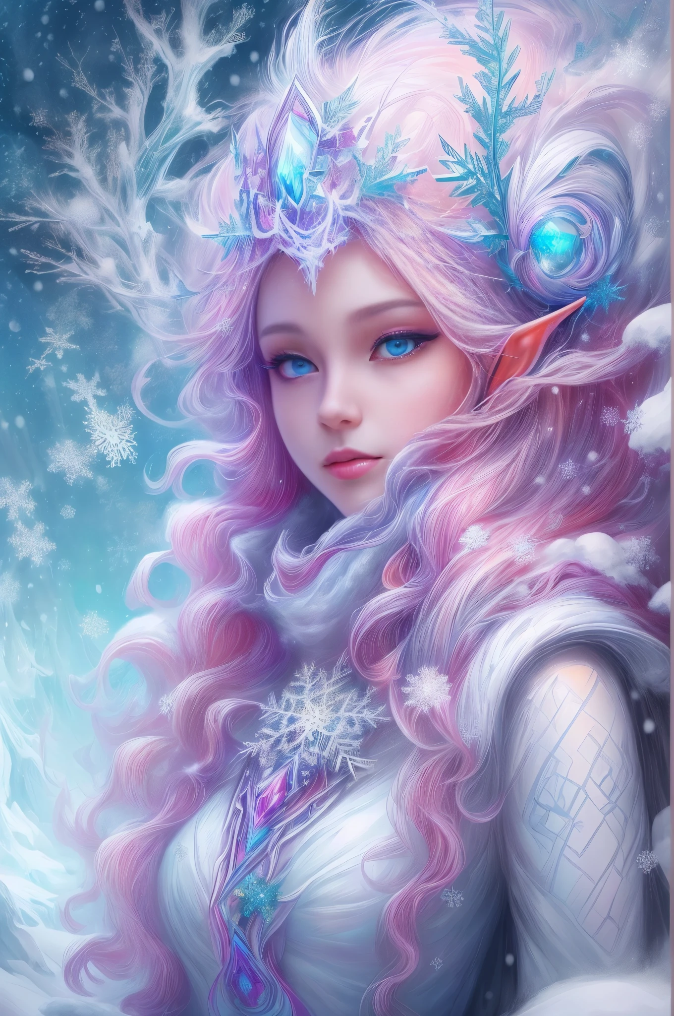 (Female elf stands in front of white snow whirlpool: 1.5),((Her facial features are very beautiful,Pointy ears and charming eyes,Complements flowing hair。The costume she wears combines traditional elf clothing with futuristic technological mechanical elements.:1.ure white snowflakes, Snowy surroundingpectations, depth of field, insight, I got it, Monte, Snow cover, translucent cloud, spectrum, panoramic, snow cycle, crazy, portal, big deal, white light, global snowflake,The sky full of beautiful snowflakes)),充满活力的white light颜色,thick line,Turbulent snowflakes with multiple layers,prospect、Vision、Fractal ThunderDan Mumford,danford and alex gray style,psychedelic surreal art,Surreal psychedelic design,dream art style, trippy art,Infinite white snow psychedelic wave,inspired by Cyril Rolando (Cyril Rolando),Realistic snow ripple structure,Psychedelic snow art style,trippy art,Psychedelic illustration,(alone),(RGB color,Ultra-high saturation)