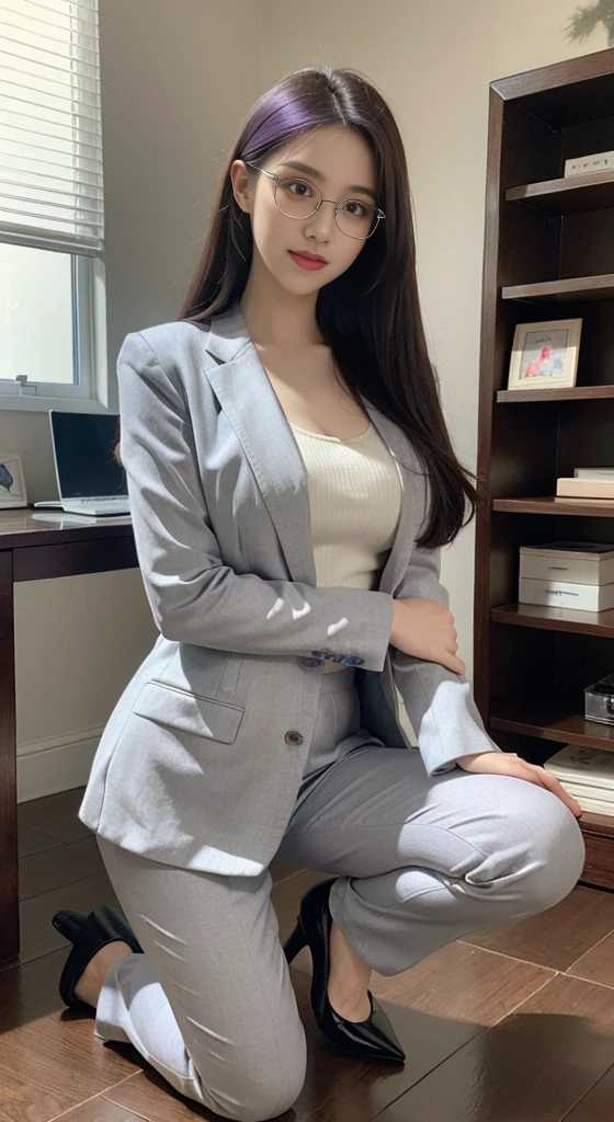 quality、masterpiece、The content  very detailed、high resolution、4K、超high resolution、Detailed shadows、Surreal、actual、dramatic lighting、1 girl in、alone、a detailed face、lifelike eyes、real skin、、purple hair、Dynamic poses visible、pedicle、OL、office casual suit、too big、clothes open、High heel，indoor，light silver frame glasses、kneeling position、see whole body、、personal computer、Rear view))detail , beautiful eyes, Smile，The absolutely loyal secretary，Total obedience，Wait for the command