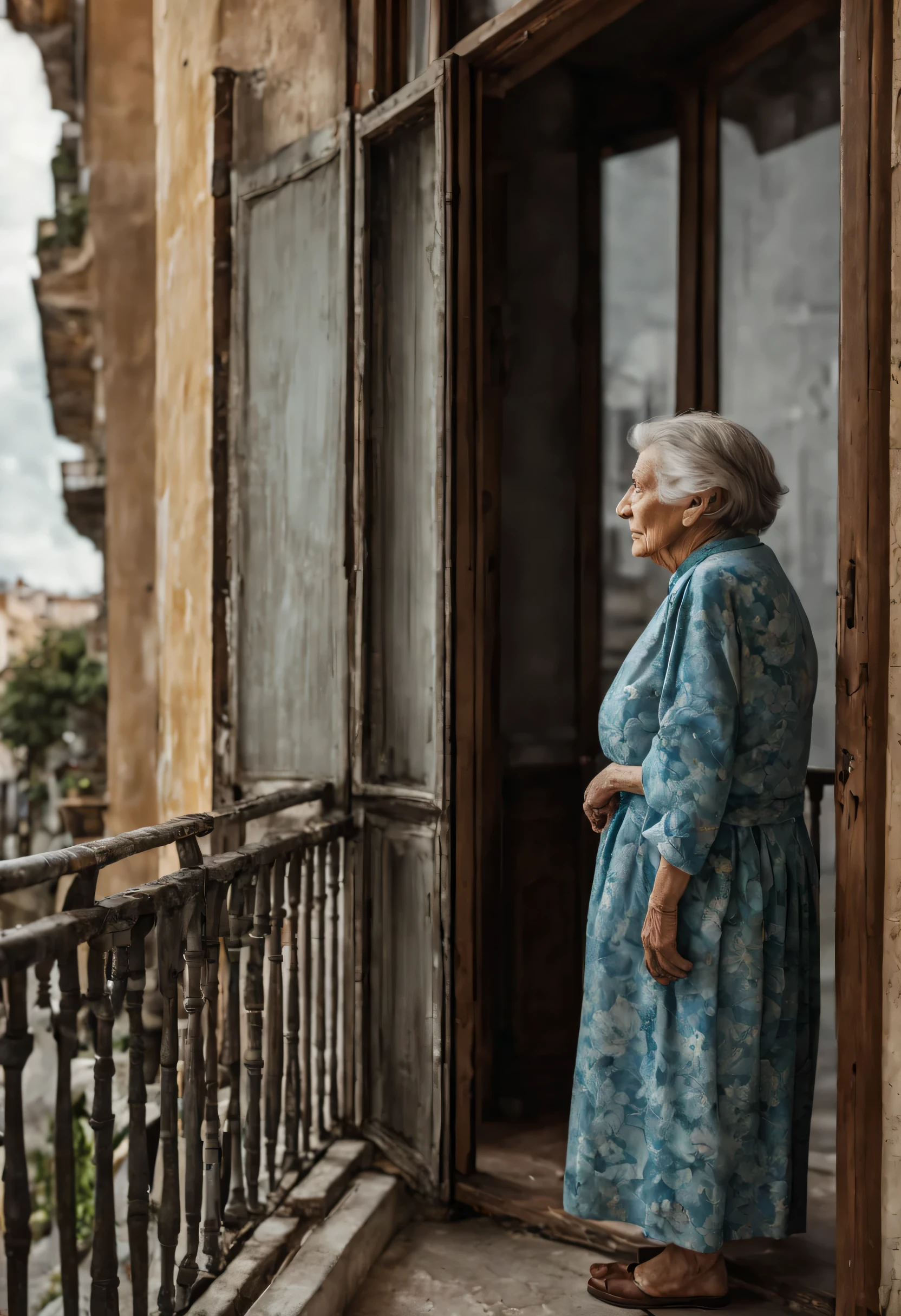Ultra realistic 8k photo, old woman looking at the balcony with melancoly of better days, photography, photorealistic, from far away