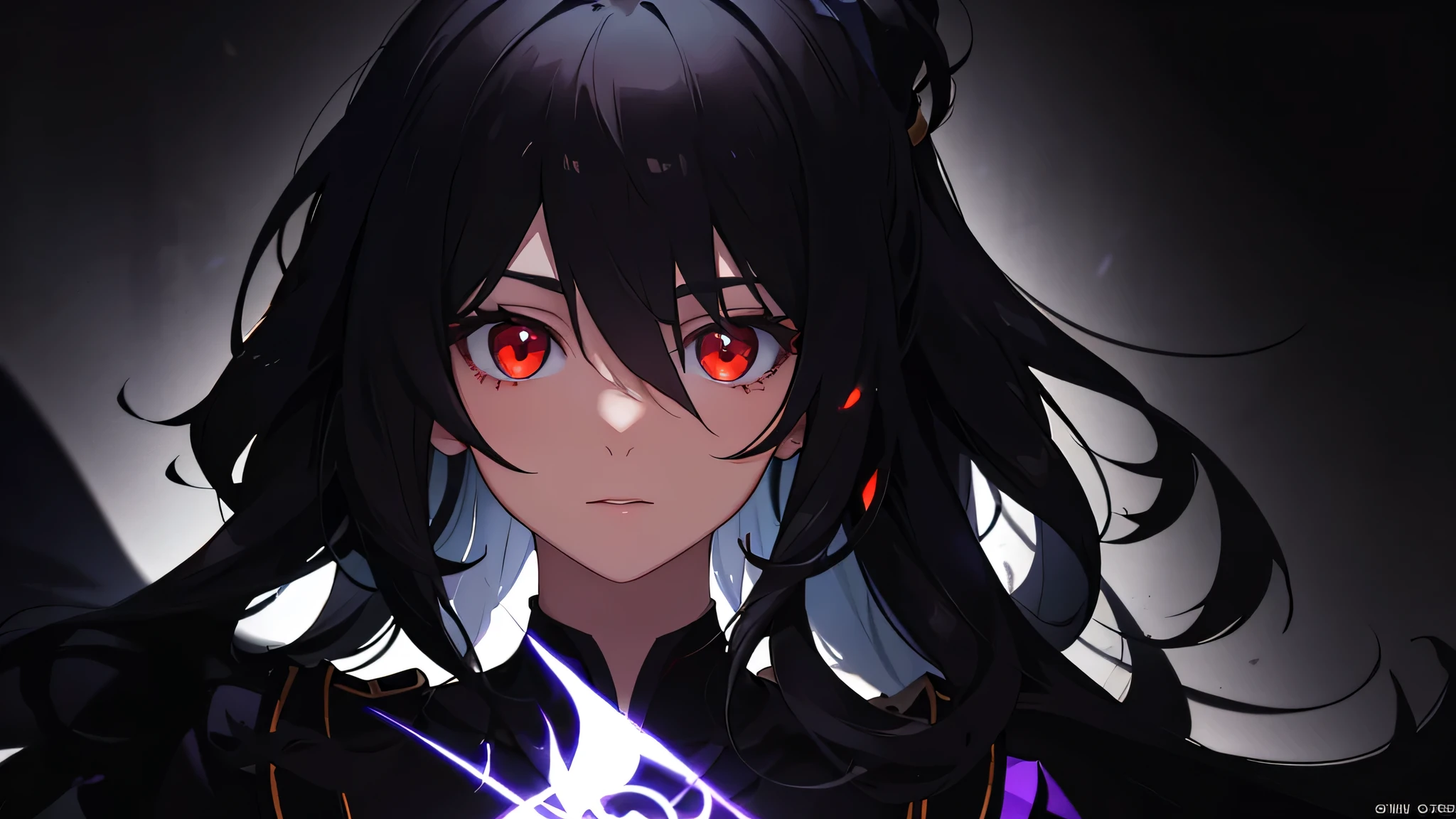 (masterpiece, best quality, ultra-detailed, best shadow), (detailed background, dark fantasy), (beautiful detailed face), high contrast, (best illumination, an extremely delicious and beautiful), ((cinematic light)), colorful , ultra-detailed, dramatic lighting, intricate details, (1 girl, solo, black hair, sharp face, low double ponytail, red eyes, hair between eyes, dynamic anglelood splatter, character spinning around black light, depth of field, black light particleroken ggic circle,