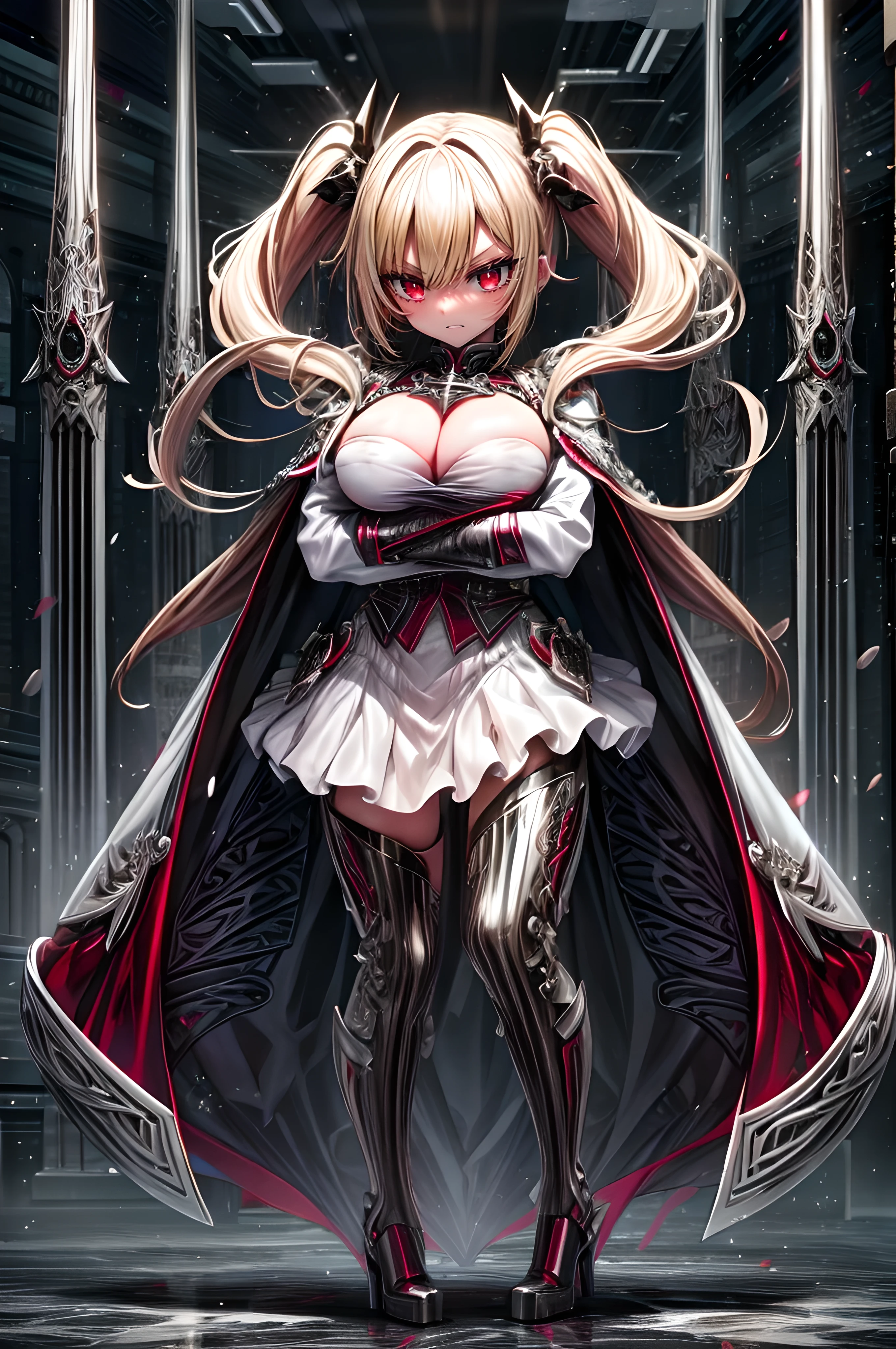 high detail ,1 woman, uniform , Muscular, futuristic ,fantasy00d, Vamptech, city, cowboy shot , crossed arms, Full body view, sex, half - side, big tits, glowing red eyes, evil look,