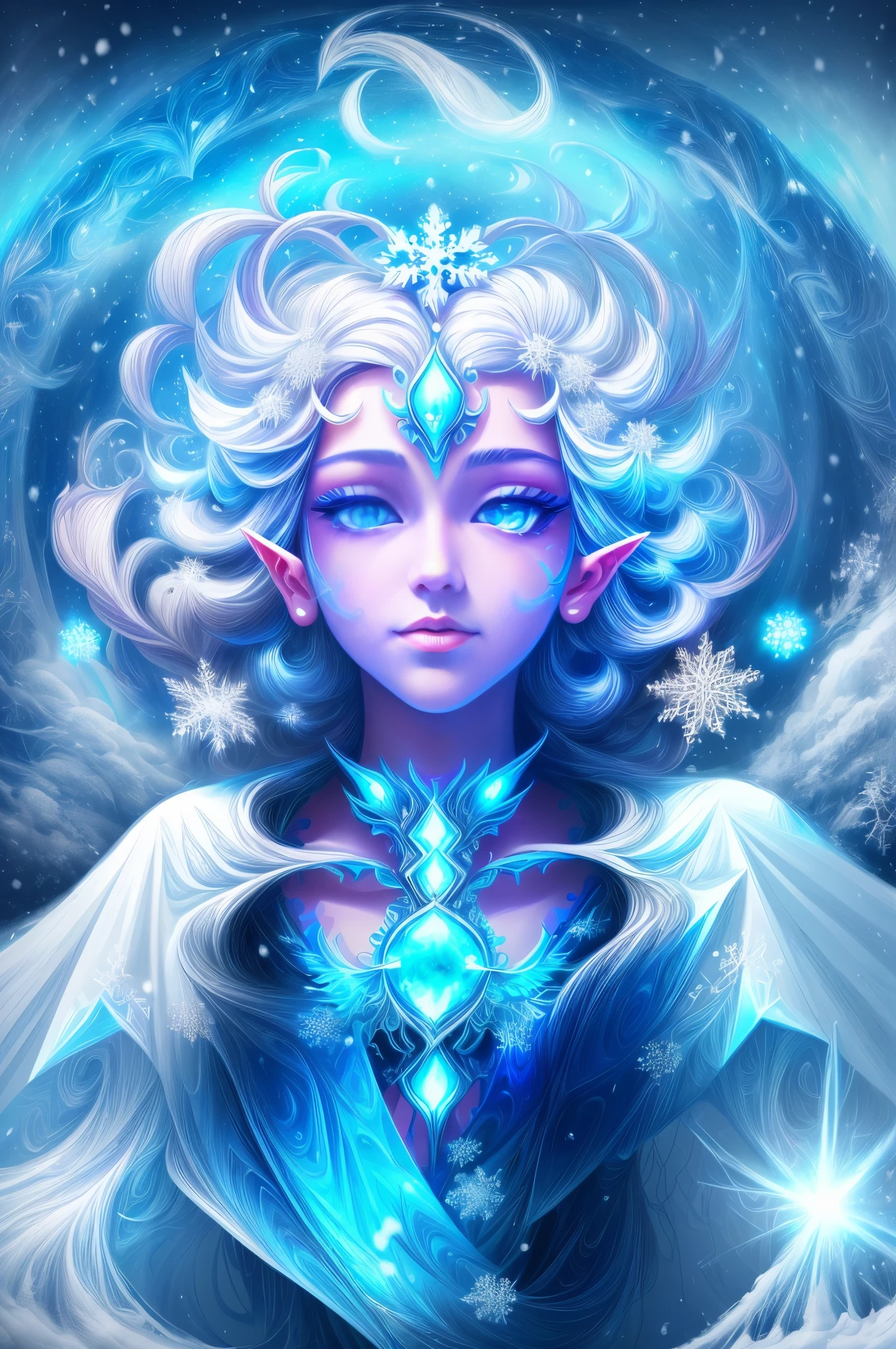 (Female elf stands in front of white snow whirlpool: 1.5),((Her facial features are very beautiful,Pointy ears and charming eyes,Complements flowing hair。The costume she wears combines traditional elf clothing with futuristic technological mechanical elements.:1.ure white snowflakes, Snowy surroundingpectations, depth of field, insight, I got it, Monte, Snow cover, translucent cloud, spectrum, panoramic, snow cycle, crazy, portal, big deal, white light, global snowflake,The sky full of beautiful snowflakes)),充满活力的white light颜色,thick line,Turbulent snowflakes with multiple layers,prospect、Vision、Fractal ThunderDan Mumford,danford and alex gray style,psychedelic surreal art,Surreal psychedelic design,dream art style, trippy art,Infinite white snow psychedelic wave,inspired by Cyril Rolando (Cyril Rolando),Realistic snow ripple structure,Psychedelic snow art style,trippy art,Psychedelic illustration,(alone),(RGB color,Ultra-high saturation)