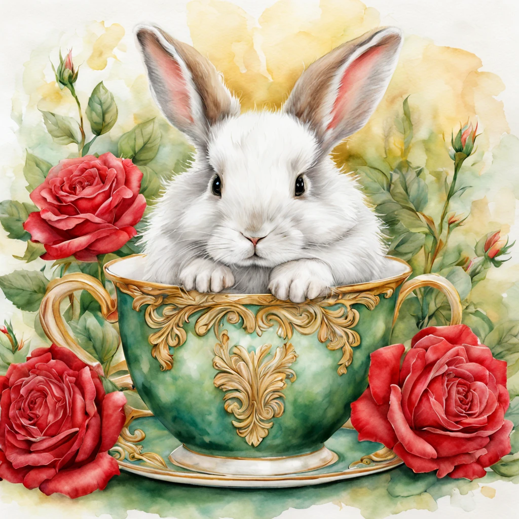 Beautiful cute baby bunny sits in a cup, red roses, garden, beautiful, baroque, ultra realistic, realistic watercolor+pencil, high octane, abstract background, filigree, green, gold, white, emerald