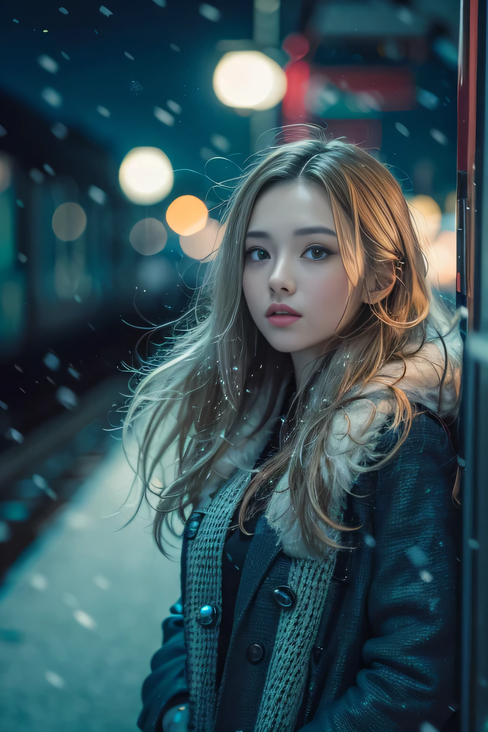 1 female、(european:2.2)、Early 20s、(super beautiful)、(super beautiful顔)、(golden middle hair)、(blue eyes)、wearing makeup、Standing on the station platform in the big city at night、The background is a stopped train、(shallow depth of field)、(that'It's snowing:1.1)、(upper body shot)