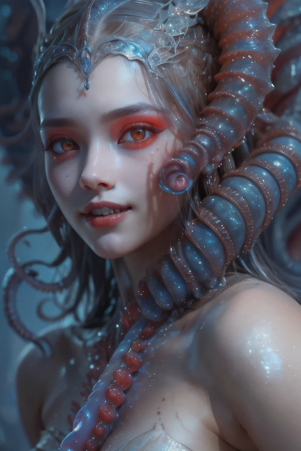 scary and sexy detailed art in color, Portrait, (beautiful and obscene female alien:1.4), (vulgarity1.7), (she has red eyes with no pupils:1.8), (Translucent gray skin:1.7), (There is a female genital-like organ in the middle of the forehead:1.9), (The most beautiful face in the history of the universe:1.2),an evil gaze that seduces, (large mouth:1.1), (sharp teeth like a vampire:1.2), Full body portrait, (bio luminescent:1.5), (Smile wickedly:1.3), (sexypose:1.5), alien, No humans, cells are fused, (Lots of translucent tentacles:1.3) extraterrestrial, cell, bio image, best quality, 8K, In 4K_quality, High freshness, Dramatic Lighting, masutepiece:1.5,cinematic quality, detail up, (exquisite details:1.2), high resolution, High freshness, drawing faithfully, (Thick eyebrows:1.2), Beautiful eyes with fine symmetry,(Highly detailed face and eyes:1.2), Intimate face, (Super detailed skin quality feeling:1.4), perfect anatomy, (Beautiful toned body:1.5), (Moist skin:1.2), not wearing makeup, (dark circles:1.1), long canines, cinematic drawing of characters, ultra high quality model, cinematic quality, detail up, (exquisite details:1.2), high resolution, High freshness, drawing faithfully, official art, Unity 8K Wall paper, best quality, Very high resolution, ultra detailed artistic photography, midnight aura, unreal engine 5, Ultra Sharp Focus, art by Amano Yoshitaka, ArtGerm, Roisch, intricate artwork, best quality, masterpiece, ultra high resolution, (photos realistic:1.4), ultra realistic realism, dream-like, nautilus, Creation of fantasy, Snail, Dream Snail, (biopunk nautilus:1.3),Thrilling color schemes, ultra realistic realism, seductively smiling, Blue tentacles, Amazing mutation, well-proportioned body, goddess of the deep sea