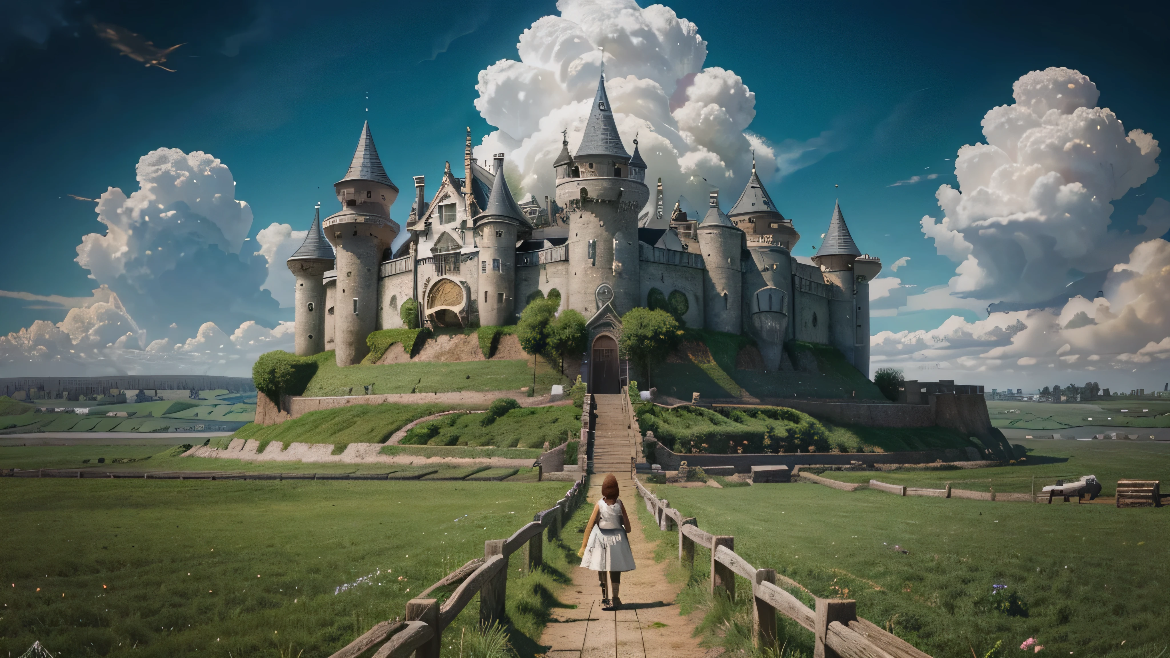 she's just a simple girl working on a farm. she lives in hard times., it's the dark ages. , crazy world, floating islands, cloud castle, (best quality:1.3), (highres:1), (detailed:1.3), (incredible:1.3), (perfect:1.3), (perfection:1.3), (volume cover art:0), (illustration:1.3), art by studio ghibli