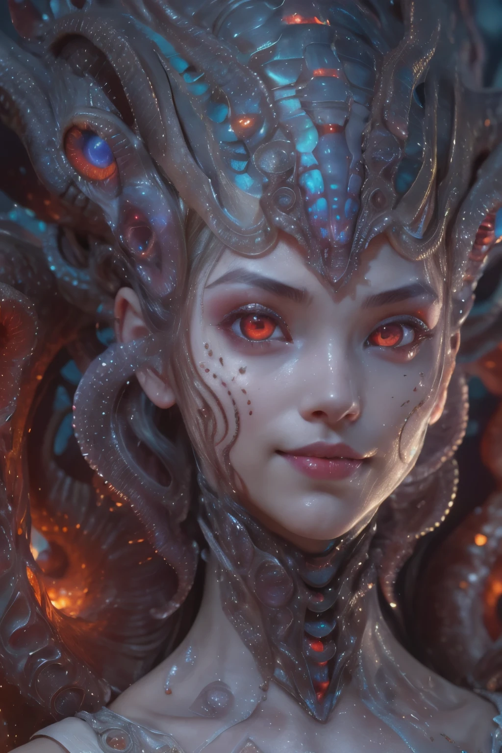 scary and sexy detailed art in color, Portrait, (beautiful and obscene female alien:1.4), (vulgarity1.7), (she has red eyes with no pupils:1.8), (Translucent gray skin:1.7), (There is a female genital-like organ in the middle of the forehead:1.9), (The most beautiful face in the history of the universe:1.2),an evil gaze that seduces, (large mouth:1.1), (sharp teeth like a vampire:1.2), Full body portrait, (bio luminescent:1.5), (Smile wickedly:1.3), (sexypose:1.5), alien, No humans, cells are fused, (Lots of translucent tentacles:1.3) extraterrestrial, cell, bio image, best quality, 8K, In 4K_quality, High freshness, Dramatic Lighting, masutepiece:1.5,cinematic quality, detail up, (exquisite details:1.2), high resolution, High freshness, drawing faithfully, (Thick eyebrows:1.2), Beautiful eyes with fine symmetry,(Highly detailed face and eyes:1.2), Intimate face, (Super detailed skin quality feeling:1.4), perfect anatomy, (Beautiful toned body:1.5), (Moist skin:1.2), not wearing makeup, (dark circles:1.1), long canines, cinematic drawing of characters, ultra high quality model, cinematic quality, detail up, (exquisite details:1.2), high resolution, High freshness, drawing faithfully, official art, Unity 8K Wall paper, best quality, Very high resolution, ultra detailed artistic photography, midnight aura, unreal engine 5, Ultra Sharp Focus, art by Amano Yoshitaka, ArtGerm, Roisch, intricate artwork, best quality, masterpiece, ultra high resolution, (photos realistic:1.4), ultra realistic realism, dream-like, nautilus, Creation of fantasy, Snail, Dream Snail, (biopunk nautilus:1.3),Thrilling color schemes, ultra realistic realism, seductively smiling, Blue tentacles, Amazing mutation, well-proportioned body, goddess of the deep sea