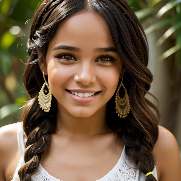 25-year-old girl, cabello largo con dos trenzas, sonriente, hermosa, hombros descubiertos