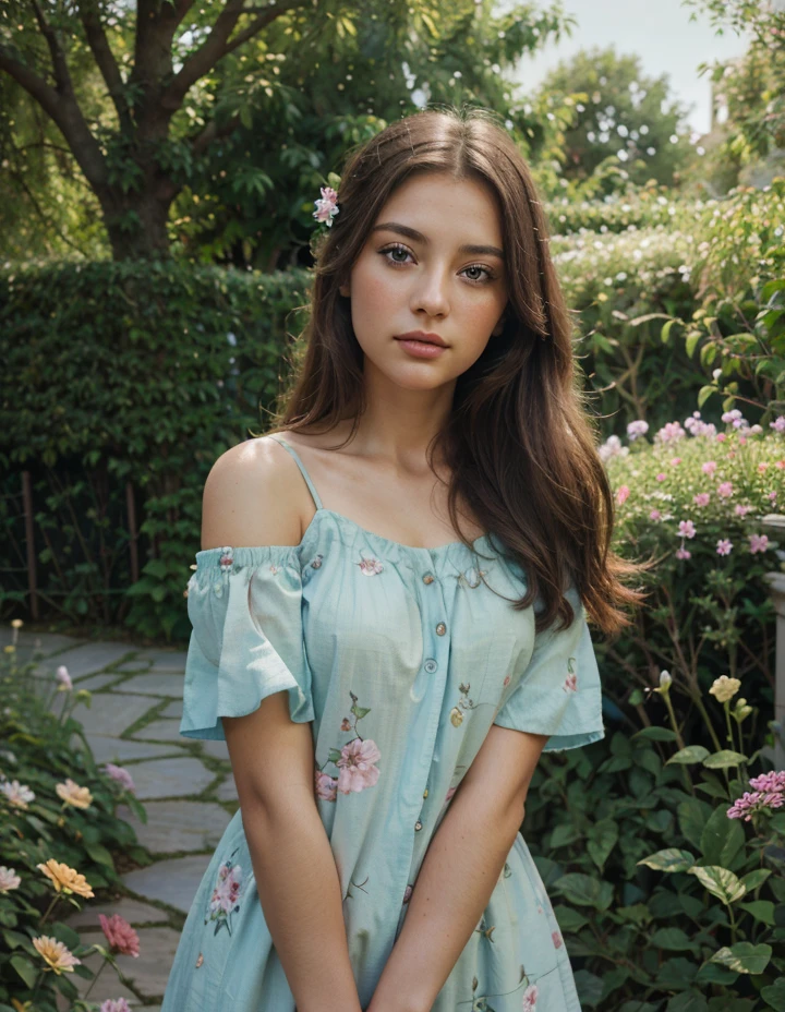 a girl with a detailed face and beautiful eyes and lips, a garden, oil painting, detailed flowers and trees, high-res, realistic colors, soft lighting, vibrant colors, ultra-detailed brushwork, serene atmosphere, peaceful and calm mood street