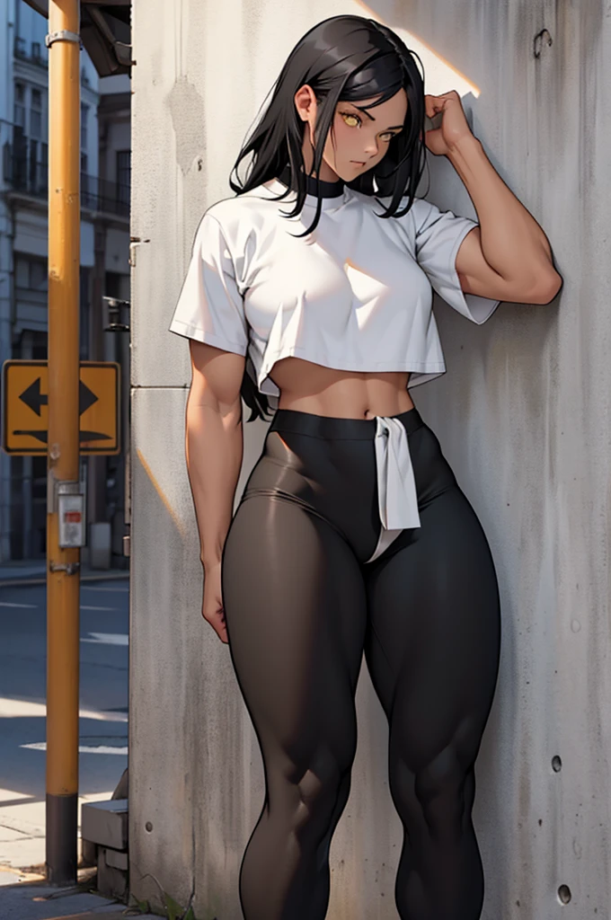 1girl muscular pale skin black hair yellow eyes black against wall sad sad sad sad tight shirt leggings thick thick thick thick muscular muscular muscular muscular muscular girl dark dark, brown tights, coxas sexy, botas branca, bota nos pes, detalhes no corpo, corpo bem definido